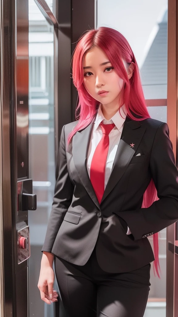 Sakura uchiha. A woman was in the elevator of a building. He looked in black pants and a black suit. With a white shirt and a red tie. His left hand looks like he put it in his pants. She has long, unlaced pink hair. He also had a white man like snow. With her rosy cheeks and her tiny pink lips. He seemed to be staring into the camera. Looking so pretty and realistic