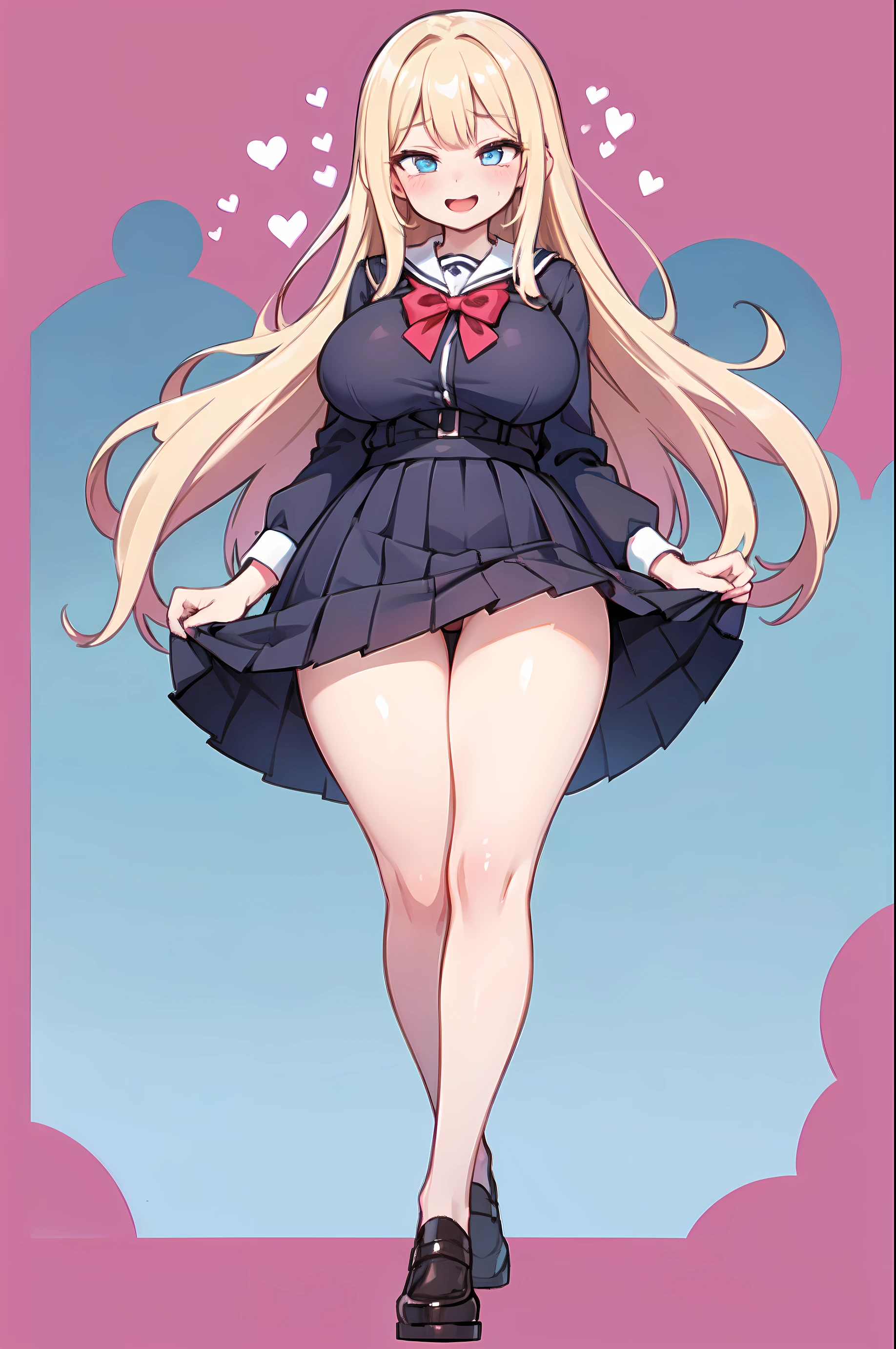((masterpiece)), ((best quality)), (ultra detaile:1.2), Pose like an erotic doujinshi character, //, a cute girl, 1girl, (solo:1.2), //, school uniform, //, beautiful Golden blonde hair, ((beautiful eyes)), white-skinned, Long curly hair, big breasts, Voluptuous body, //, (ahegao:1.3), laughing, full body, gradation, //, Bright pink background designed with hearts, //, shiny-glistening, ultra shiny body, gleaming
