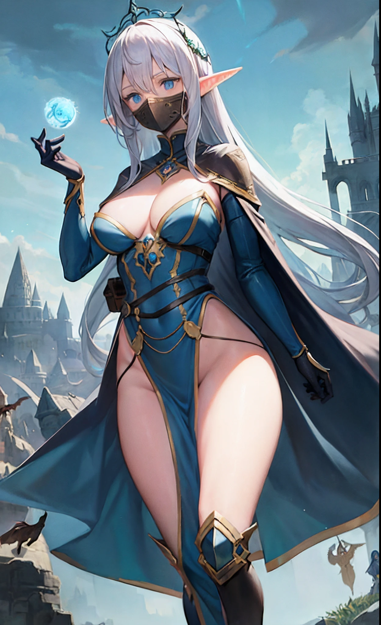 undead, delicate elven woman, wearing a mask, blue eyes, masterpiece, best quality, ultra-detailed, illustration, 1girl, solo, fantasy, flying, night sky, magic, spells, clouds, wind, mysterious, enchanting, whimsical, playful, adventurous, freedom, wonder, imagination, determination, skill, speed, movement, energy, realism, naturalistic, figurative, representational, beauty, fantasy culture, mythology, fairy tales, folklore, legends, witches, wizards, magical creatures, fantasy worlds, composition, scale, foreground, middle ground, background, perspective, light, color, texture, detail, facing viewer