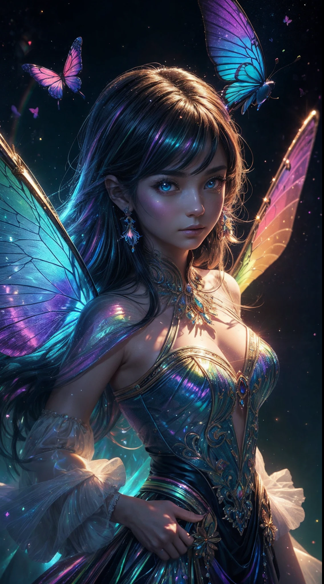 ((masterpiece:1.5)). This work of art is sweet, dreamy, idyllic and ethereal, with soft violet watercolor tones and many ornate bubble accents with iridescent colors. beautiful fairy dress, Generate a delicate and demure fae exploring a (Bubblegum World with a wide variety of pastel shades).(Floating low), Her sweet face is extremely detailed and realistic with elegant features., A perfect, half-open and sensual mouth ,with swollen, kissable lips, and looks like ((((a classy Micarah Tewers)))). His lips are a uniform shade of pink. Includes fun and impressive features. Highly realistic eyes. His eyes are important and must be hyper-realistic, highly detailed and beautiful. In high definition and detail, it includes many details such as stars, galaxies, colorful bubbles, colorful petals, shiny paint drips, iridescence, and a lot of energy and emotion. mouth are important!)), ((Includes fantasy details:1.6)), Improved details, Iridescence, Colorful and bright wind, and pollen. Pay special attention to your face and make sure it is beautifully detailed and realistic... camera: This art is dreamlike and ethereal and the camera should emphasize those features... Create something that is strikingly beautiful with fairy tones. Use dynamic composition techniques, ((Imaginative scene)),((perfect, meticulously detailed:1.4)), ((full shot: 1.4, Dynamic pose:1.3)), ((Best quality)), ((Masterpiece)) , 3D, (Hyper Detailed: 1.3), ((Epic Scenery: 1.3)), (Photorealistic: 1.4), ((Front Camera, Long Shot)), ((Low Light Night Cinema Lighting: 1.2)) .32k.