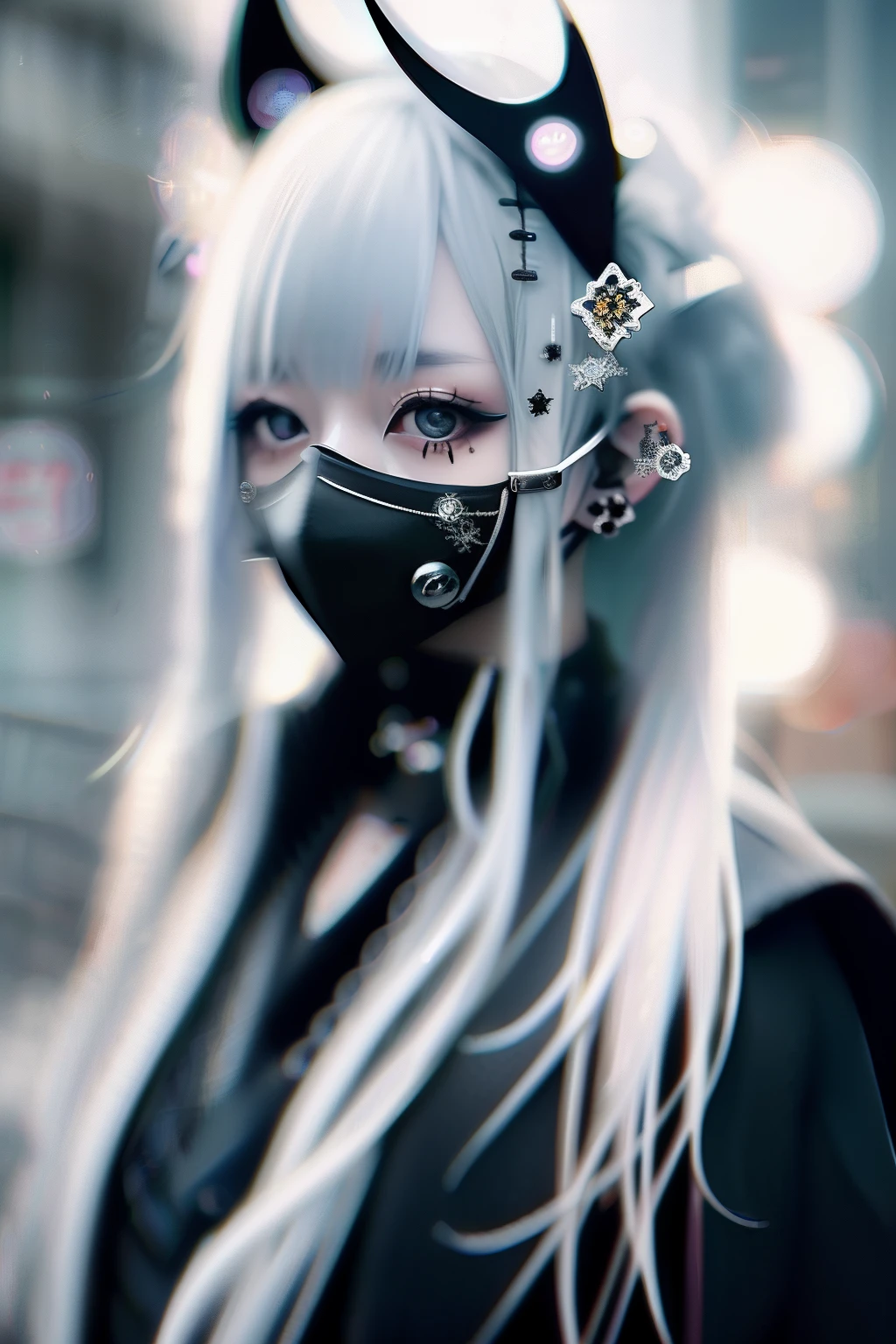 goth_punk, 1girl in, 独奏, Walking in Harajuku, ((during night)), bokeh dof, neon light, iridescent eyes, starrysky, White sparkling hair, White eyebrows, Radiant hair, (iridescent white hair), 耳Nipple Ring, bangss, jewely, masks, bluntbangs, verd s eyes, Mouth mask, blurry backround, bblurry, hair adornments, Look at viewers, shorth hair, portraitures, side locks