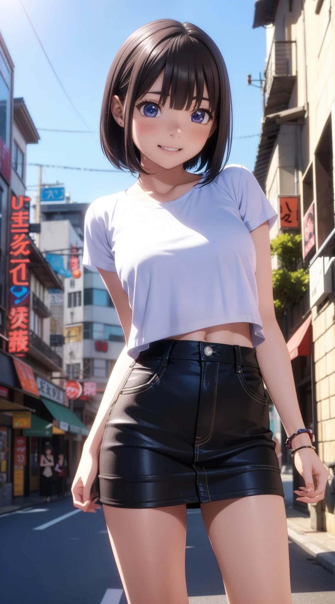 1人の女性、((3d anime))、kawaii、18year old、Lustrous hair、Bob Hair、Random Poses、Random attire、Cute clothes、Laughing、sexypose、Dating in the city