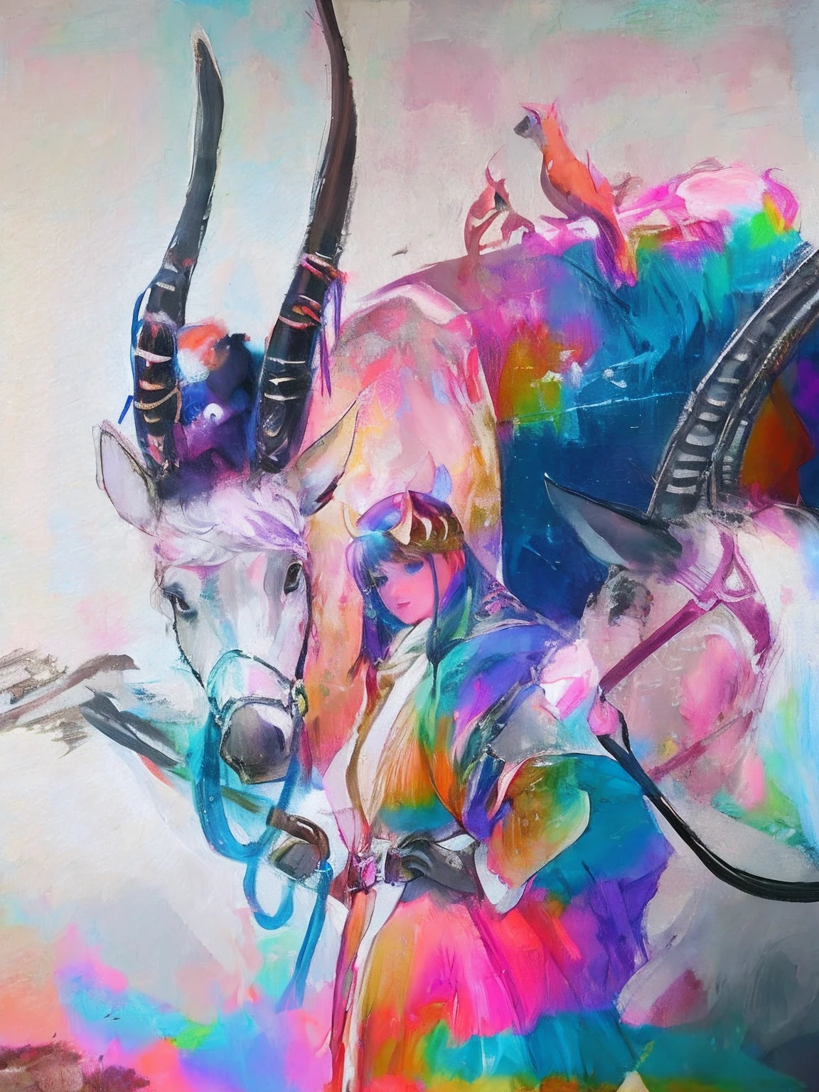 Drawing of a woman riding a horse with a horned head, rossdraws pastel vibrant, Colorful Digital Painting, painting by android jones, rossdraws cartoon vibrant, Archan Nair, ai assisted digital painting, fantasy watercolor, colorful art, colourfull, Inspired by Wadim Kashin, Vibrant digital painting, With stunning digital painting, digitial painting, colorful illustration