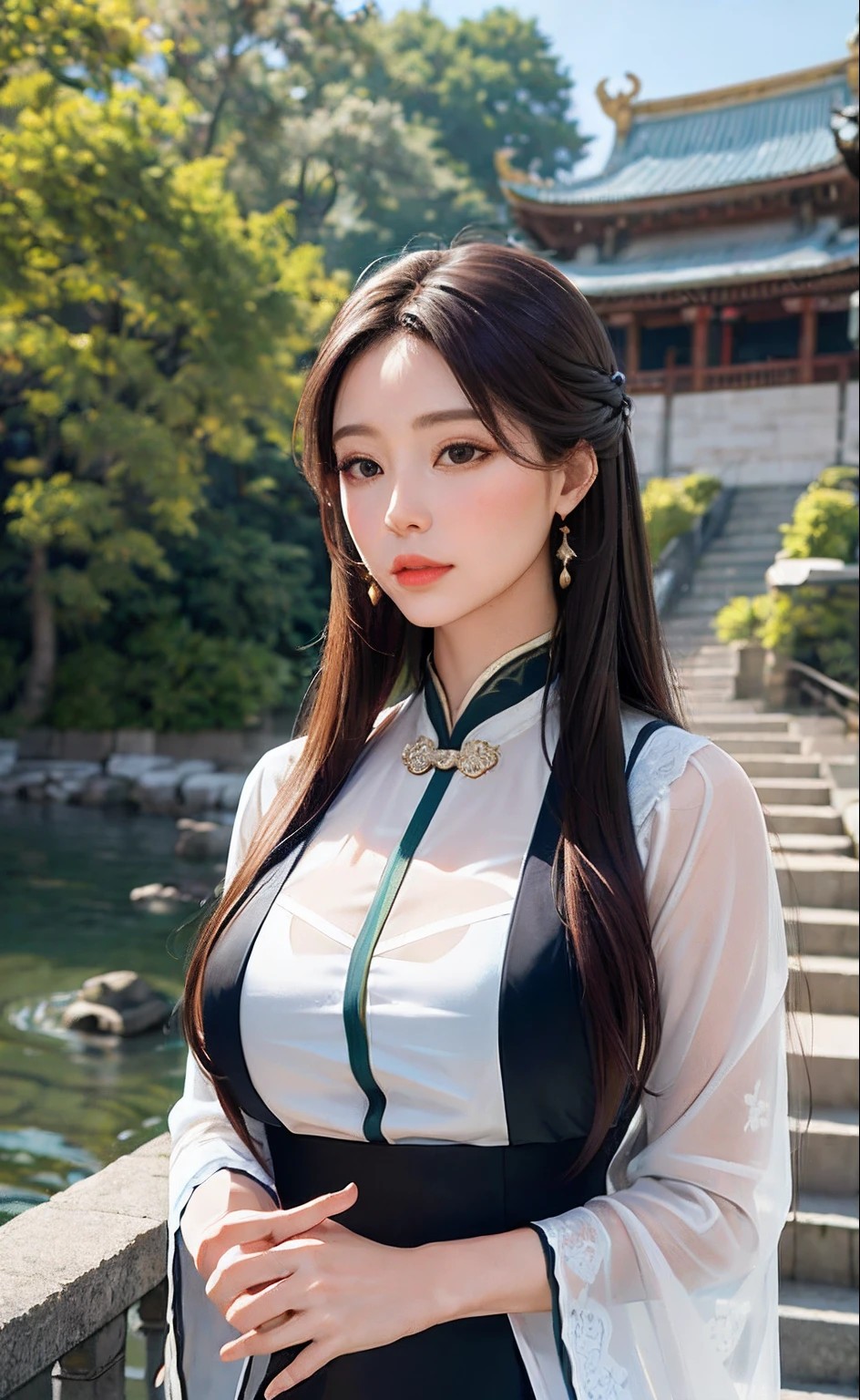 photorealistic, high resolution, 1women, solo, hips up, look at viewer, (detailed face), white aodai, jewelry, tree