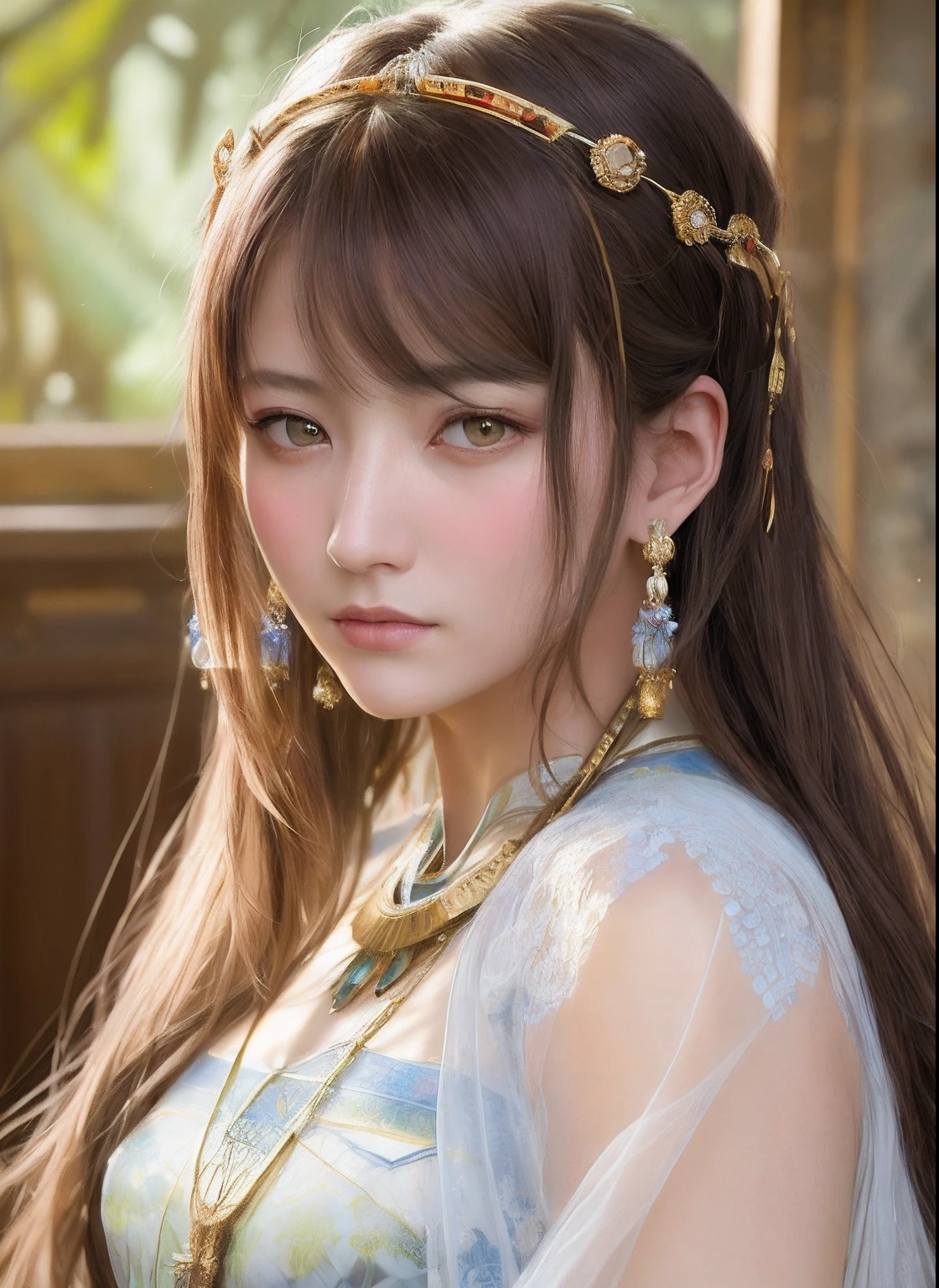 High quality, Masterpiece, Masterpiece, Exquisite facial features, Exquisite Hair, Elaborate Eyes, Delicate colored hair, 4K quality, Gorgeous light and shadow, Tyndall effect, Halo, Messy hair, Young state, Gorgeous scenes, Beautifully dressed, Chains, feater,Ancient Chinese beauties have big eyes and rich details, Digital painting, art stations, concept-art, Sharp focus, illustration, greg rutkovsky(Greg Rutkowski)、An Alphonse Mucha's(Alphonse Mucha)and Victor Ngay(Victo Nkai)of works of art