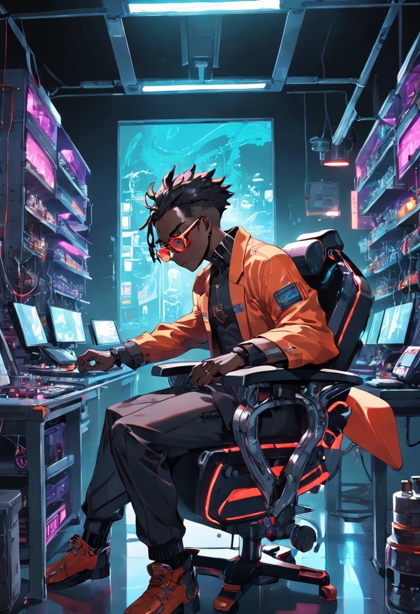 raw, wide angle, A man in a dark laboratory sitting on a chair of the future wears glasses., Reddish black skin, laboratory, hardware, Bright environment, Neon, ((cyberpunked))