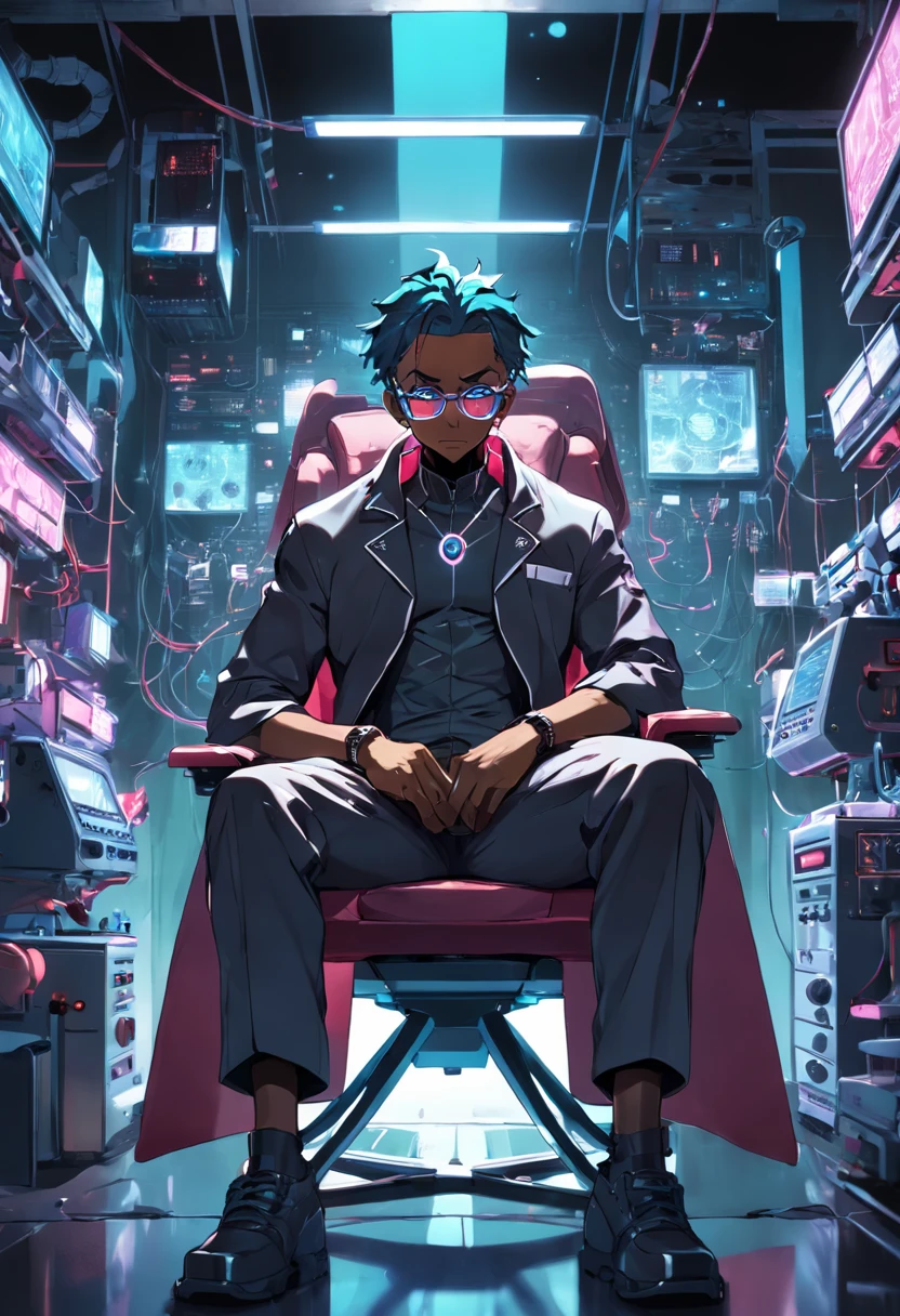 raw, wide angle, A man in a dark laboratory sitting on a chair of the future wears glasses., Reddish black skin, laboratory, hardware, Bright environment, Neon, ((cyberpunked))