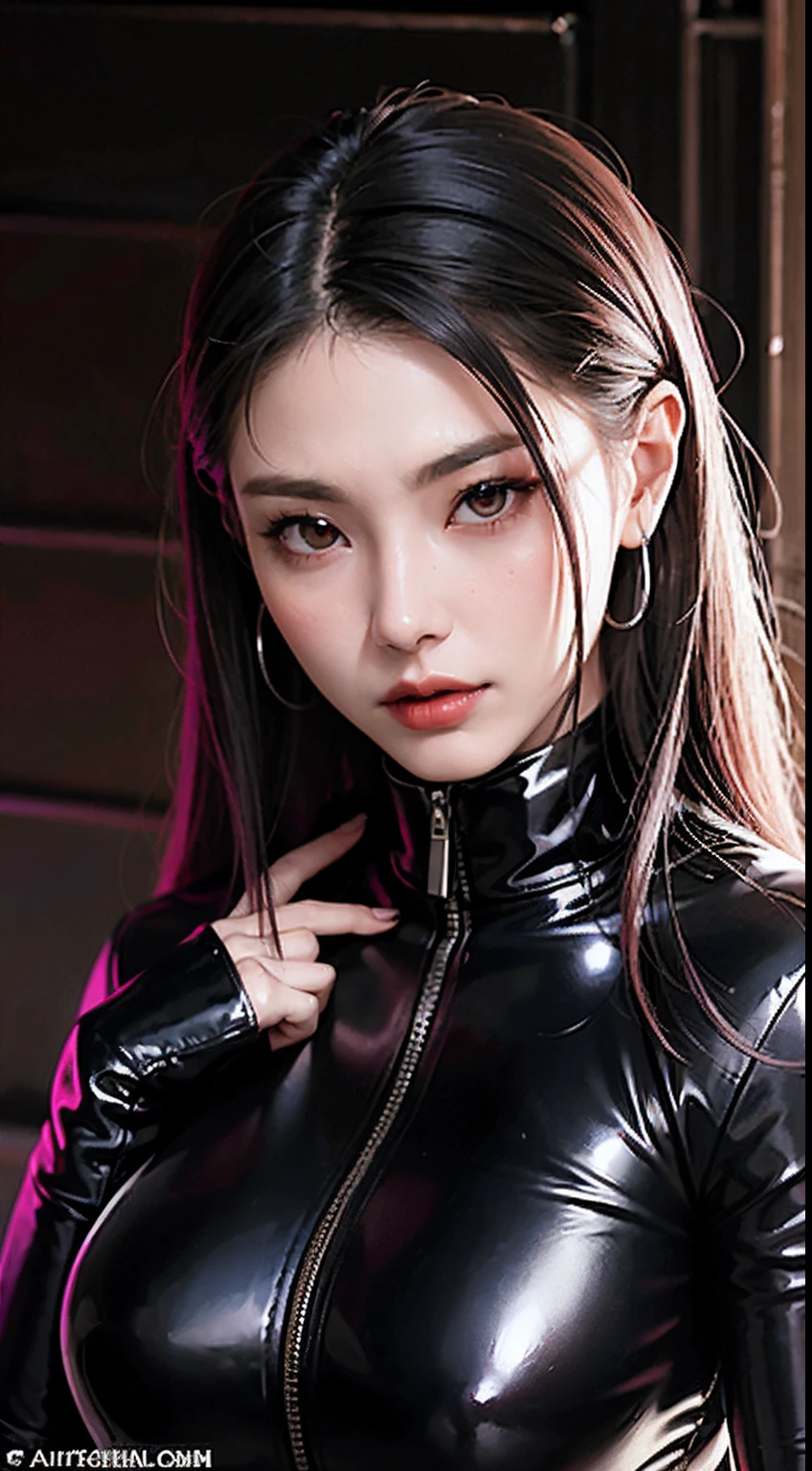 Close up portrait of woman in black leather clothes, latex domme, Dark Goth Queen, Wearing a full leather costume, dominatrix, in a leather corset, Very beautiful go-stop model, gothic horror vibes, (- Red eyes), wearing black latex outfit, Tattoos by body, Purple Rock Hair, Tight clothes, Sexy, pose sensual, caves, Fire Drum, (fully body photo).