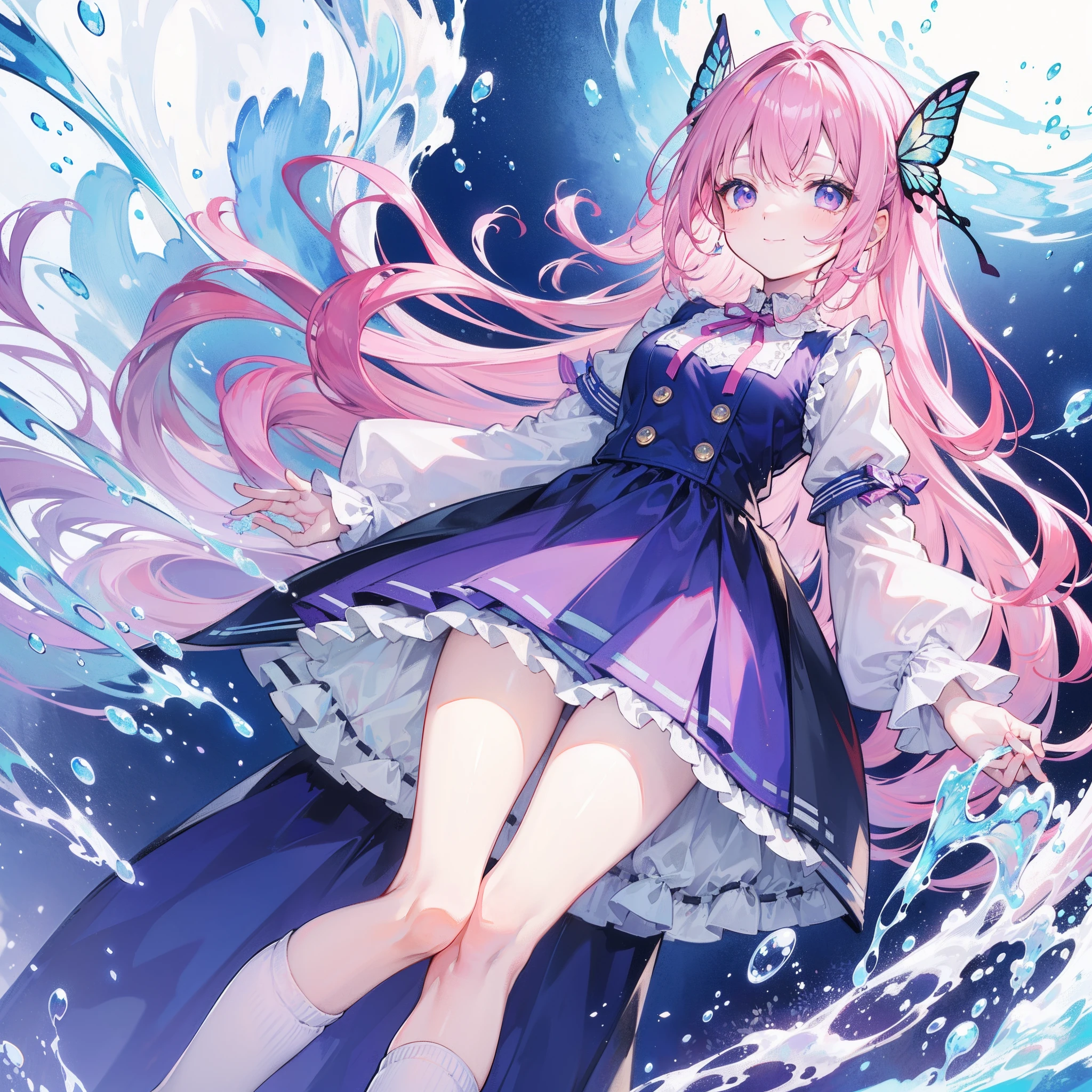 ((top-quality)), ((masterpiece)), ((ultra-detailliert)), (extremely delicate and beautiful),butterfly wings,A dark-haired, depth of fields,happy smile,Bubble, under the water, Air rainbow bubble,bright light purple eyes,Inner color with light pink hair and pastel yellow tips,Cold background,long thick Hair - Linear Art, shortpants、knee high socks、cute pastel dress 、Light blue ribbon tie,standing,wholsome girl.