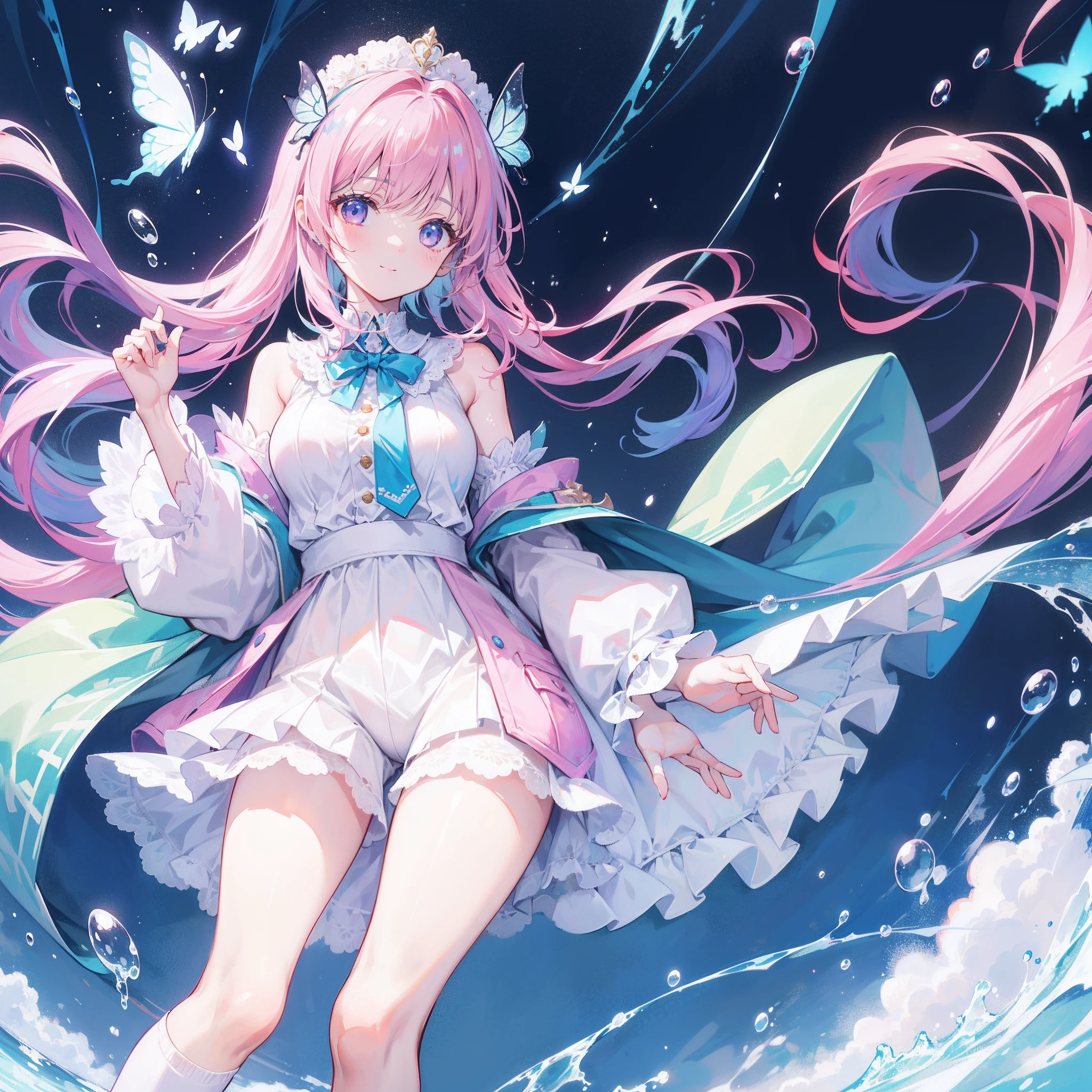masutepiece, Best Quality, {{​masterpiece,Best Work}},top-quality,Ultra-detailed CG Unity,8k wallpaper,lensflare, (Detailed beautiful eyes),chiquita,3 year old girl,Long Wave Hair,Bursting smile,sano,((Pink and light blue gradient hair)),Yellow eyes,long lashes,Transparent Puff Sleeve,Cocoon-shaped transparent skirt,Jellyfish costume,abdominals,Natural Skin,Hyper-Realism,floating underwater,Transparent laced boots,Groups of jellyfish,Transparent hat like a jellyfish,Under the sea,Drop-shaped silver accessories,the reef,Light coming in from above,perfect hand,Giant transparent beret.