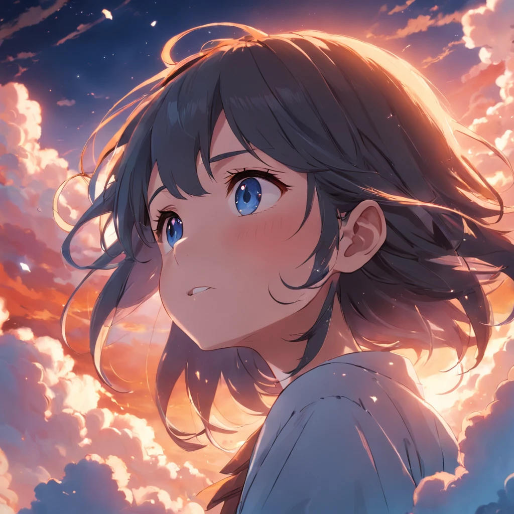 masterpiece, best quality, movie still, 1girl, cloud girl, floating in the sky, close-up, bright, happy, warm soft lighting, sunset, (sparks:0.7)