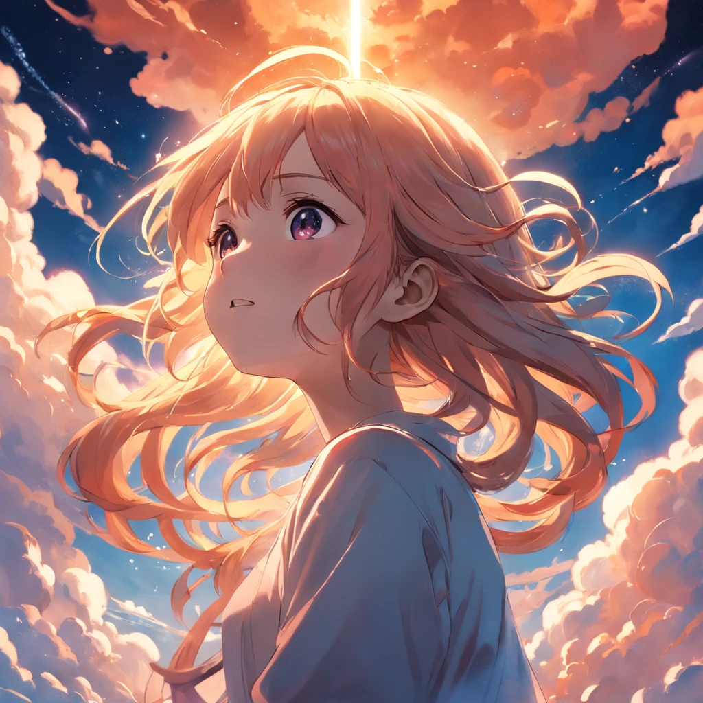 masterpiece, best quality, movie still, 1girl, cloud girl, floating in the sky, close-up, bright, happy, warm soft lighting, sunset, (sparks:0.7)