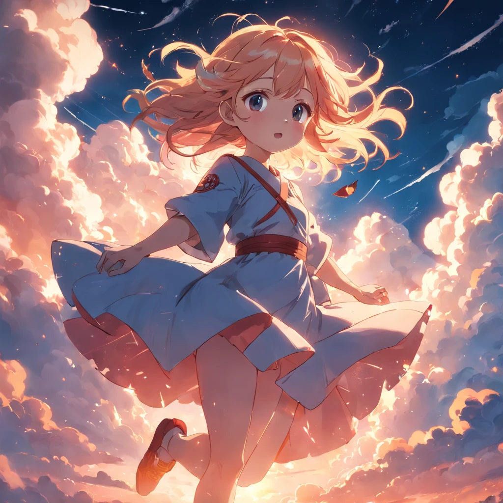 masterpiece, best quality, movie still, 1girl, cloud girl, floating in the sky, close-up, bright, happy, warm soft lighting, sunset, (sparks:0.7)