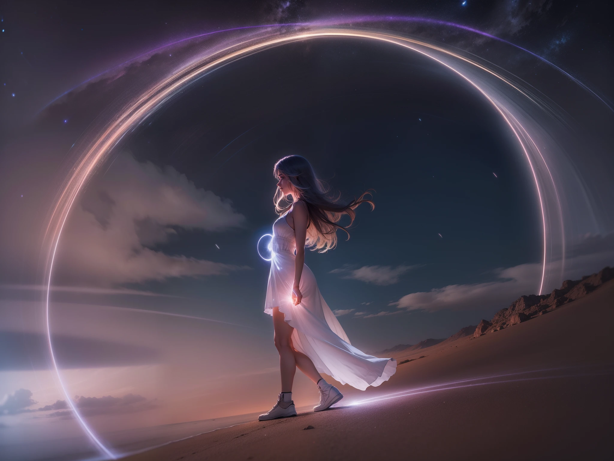 Sky with long exposure light effect in circular format at night, uma mulher sentada olhando para cima cabelos loiros e vestido branco.