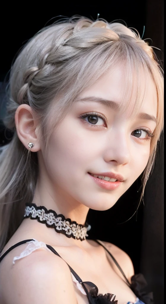 (ultra-detailliert), Frontal Face,head shot, Front view,Cute princess dresses in black color,(frilly dress),(shortsleeves),Blue eyes,The upper part of the body、full bodyesbian、faces、(A smile:1.5),(facing front:1.2), 20yr old, s girl,no tail,(no tail),2D, masterpiece, top-quality, animesque, A detailed eye, A detailed face, girl with, Only 1 person,Silver-haired medium hair, (a blond), Ear Hair, small tits, Single braid, (Single braid), (Side braid), Pink ribbon, Ribbon around the neck, (White sleeves), Stand in the middle of the road