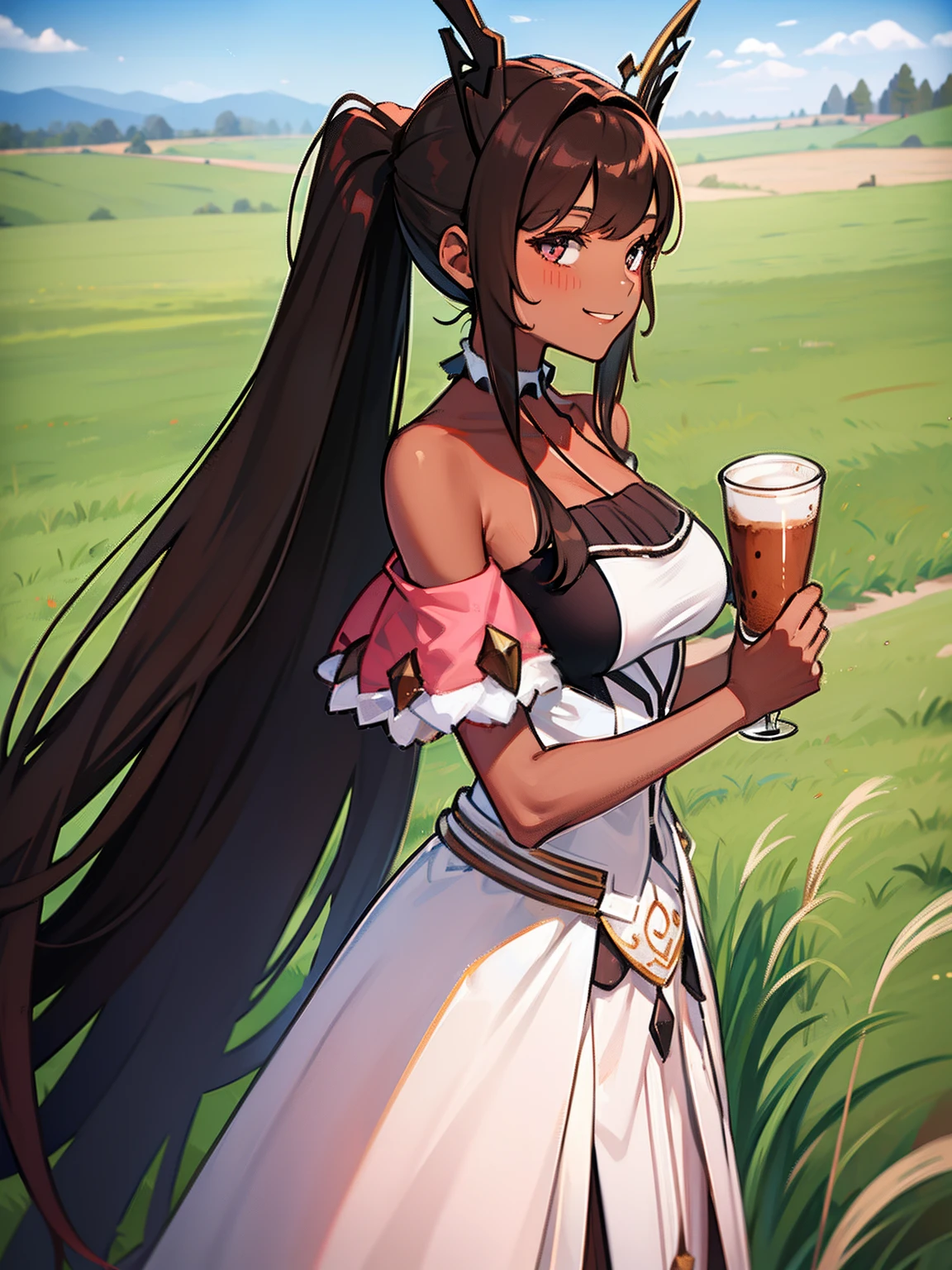 Teenage black girl, coffee colored skin,tall, slim, grassy meadow background, has a long white and pink dress,white ruffles around the shoulders,very long black ponytails, crown, front facing, smiling