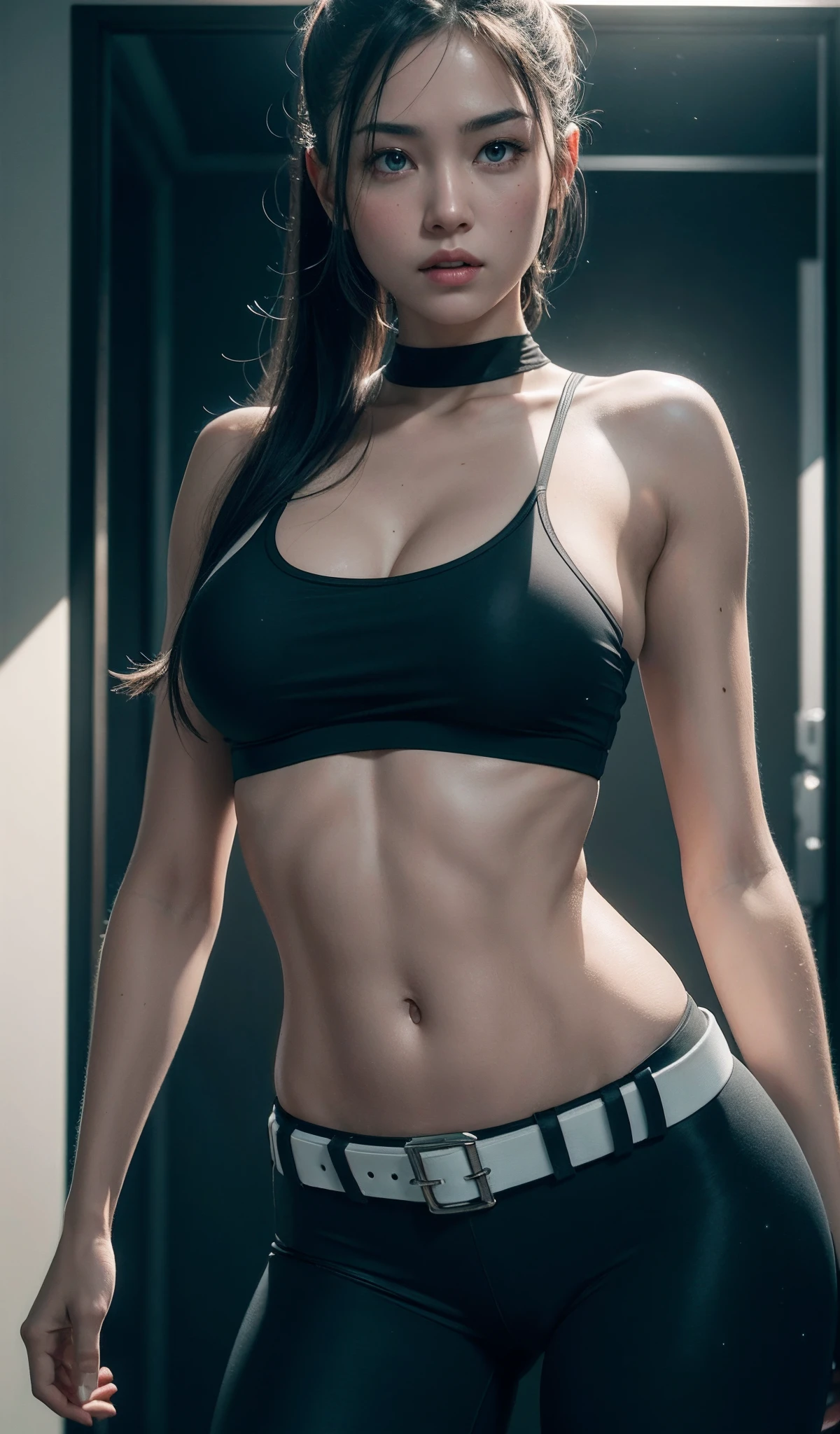 (((ultra realistic))) Photo, masterpiece, top quality, (pale skin), (Ultra detailed face and eyes:1.3), 1 girl, Adult, In the street, Modeling, ((Tight sport bra)), ((miniskirt)) ((thong line visible)), ((Navel Piercing)), ((Eyes blues, pink mascara)), ((large detailed lips)), ((black hair)), ((Stylish hairstyle)) , (Natural breasts), Slim waist. photoshoot, ((Playing with her hair)) Studio soft lighting, (The play of light and shadows), depth of field, bokeh, (special attention to skin detail: 1.2), Detailed leather texture, skin pores. (Airy atmosphere of the frame.), UDR, ((Film grain)), ((rays)), (Glare), ultra detailed, ((face of Amy Lee))