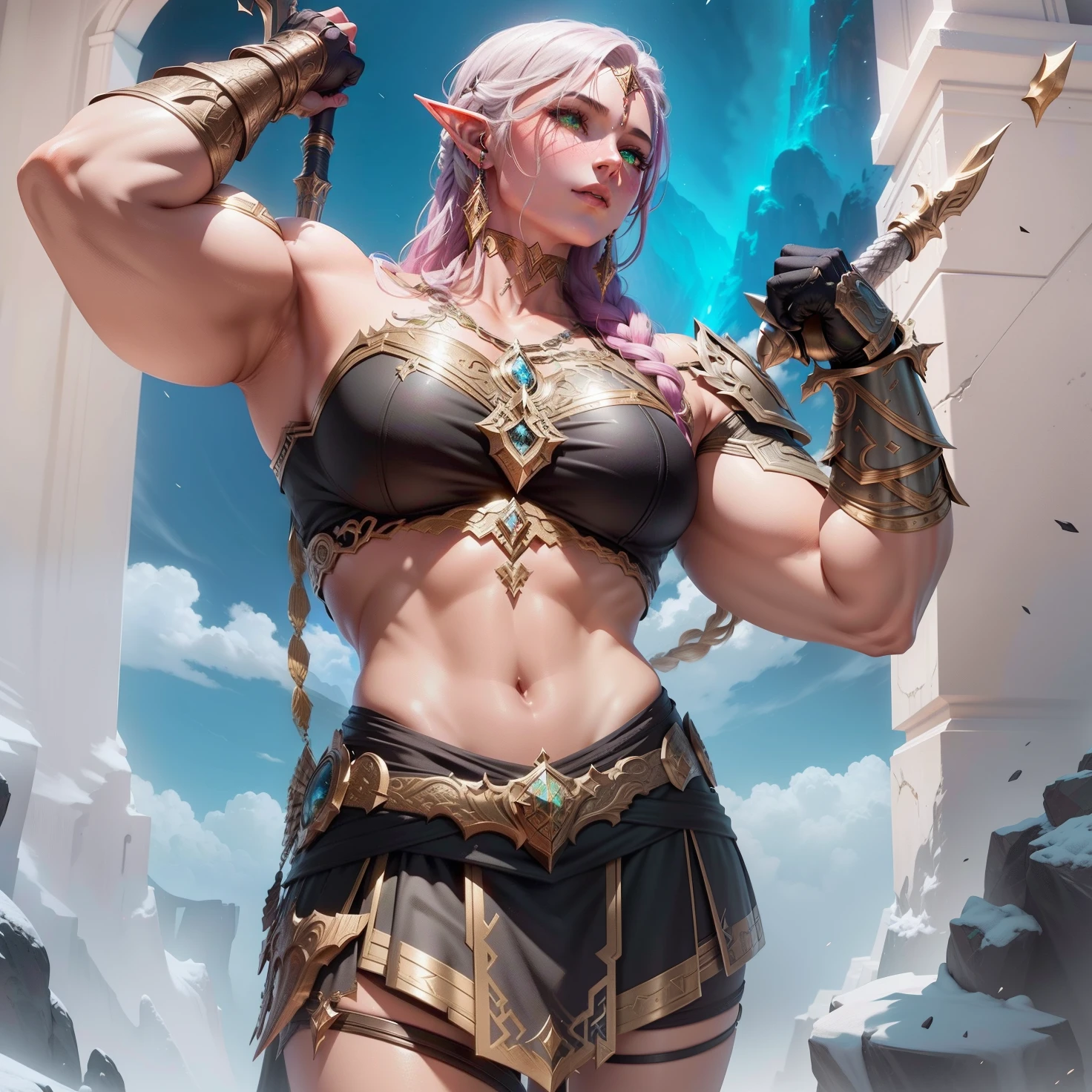 1Girl, beautiful, perfect lighting, muscular, thighs, mature female, milf, navel, abdominals, looking at the viewer (masterpiece, high quality: 1.1) Killer RPG, pale skin, winged helmet, blonde hair, leg muscles, long hair, thong.