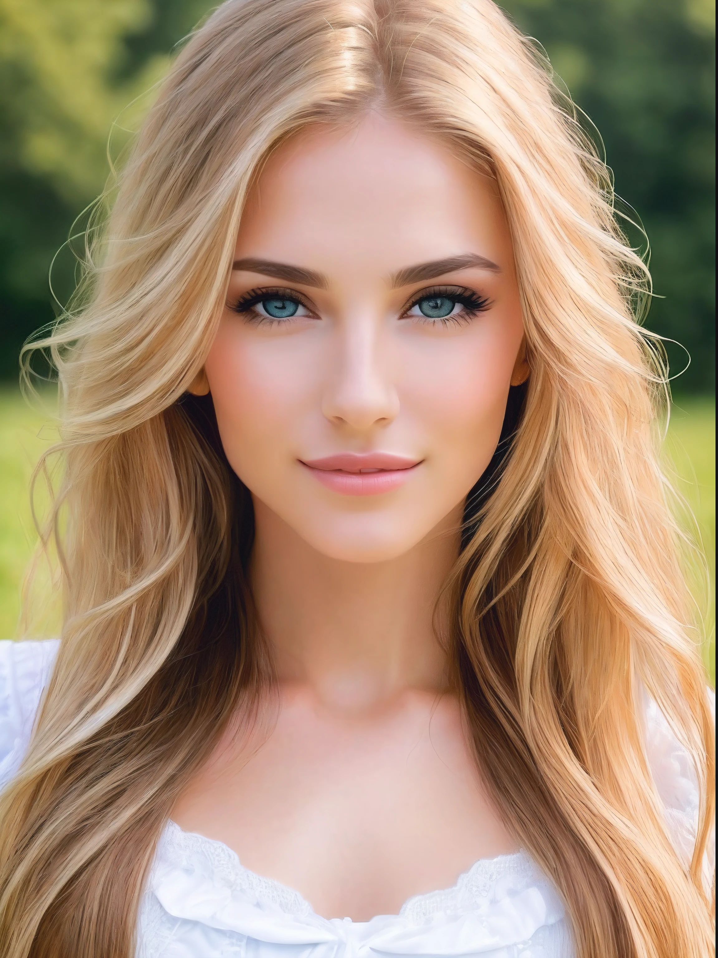 HD quality, maximum detail, macro portrait full body of the beautiful woman, field depth, perfect woman, 25 years, makeup, long hair, perfect face, pretty mouth, pretty nose, sensual woman, totally gorgeous, face with sarcastic expression, caucasian, blond hair, evil look, v-shaped shirt, realistic, details, style: Detailed photo