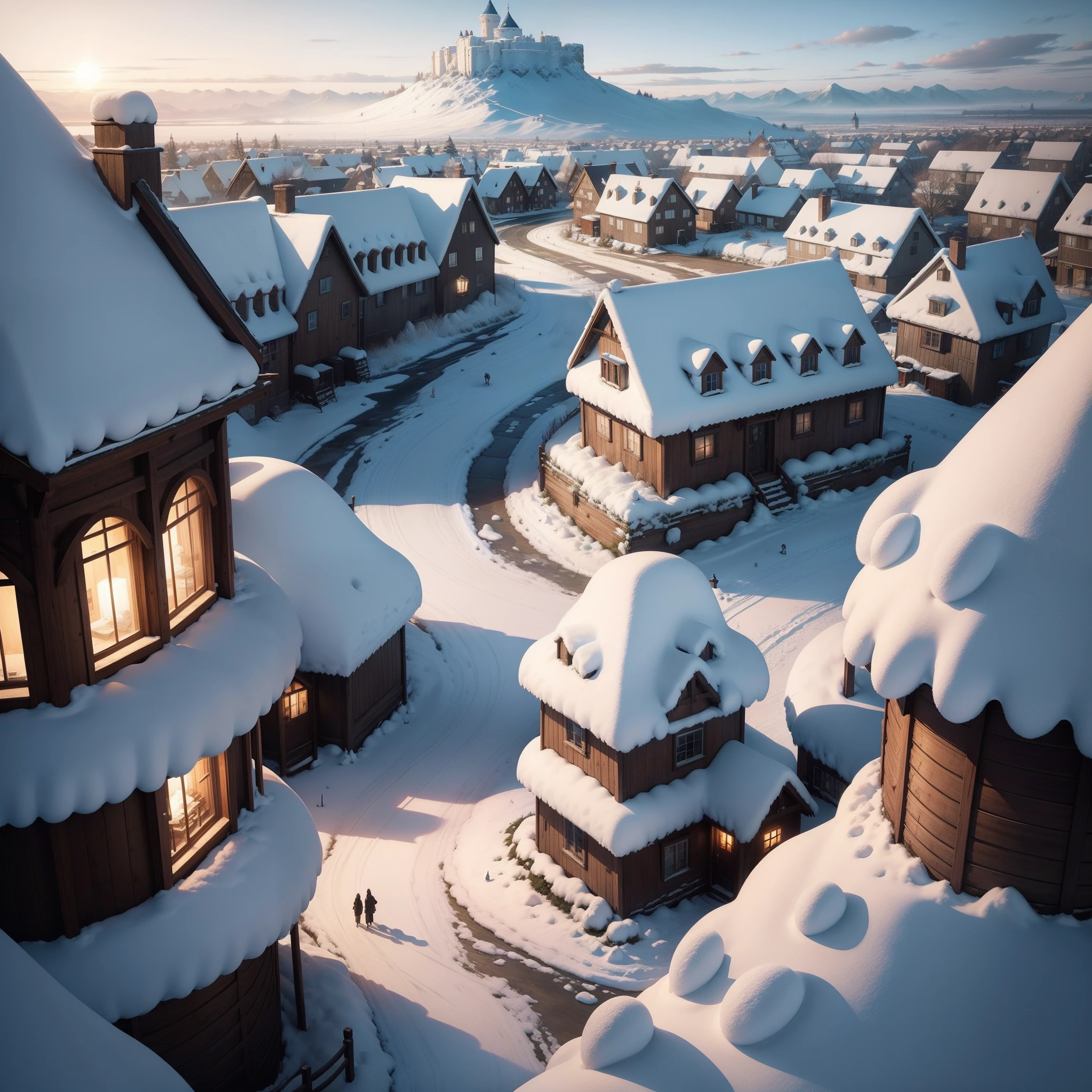 Large kingdom with many houses, and people outside during winter