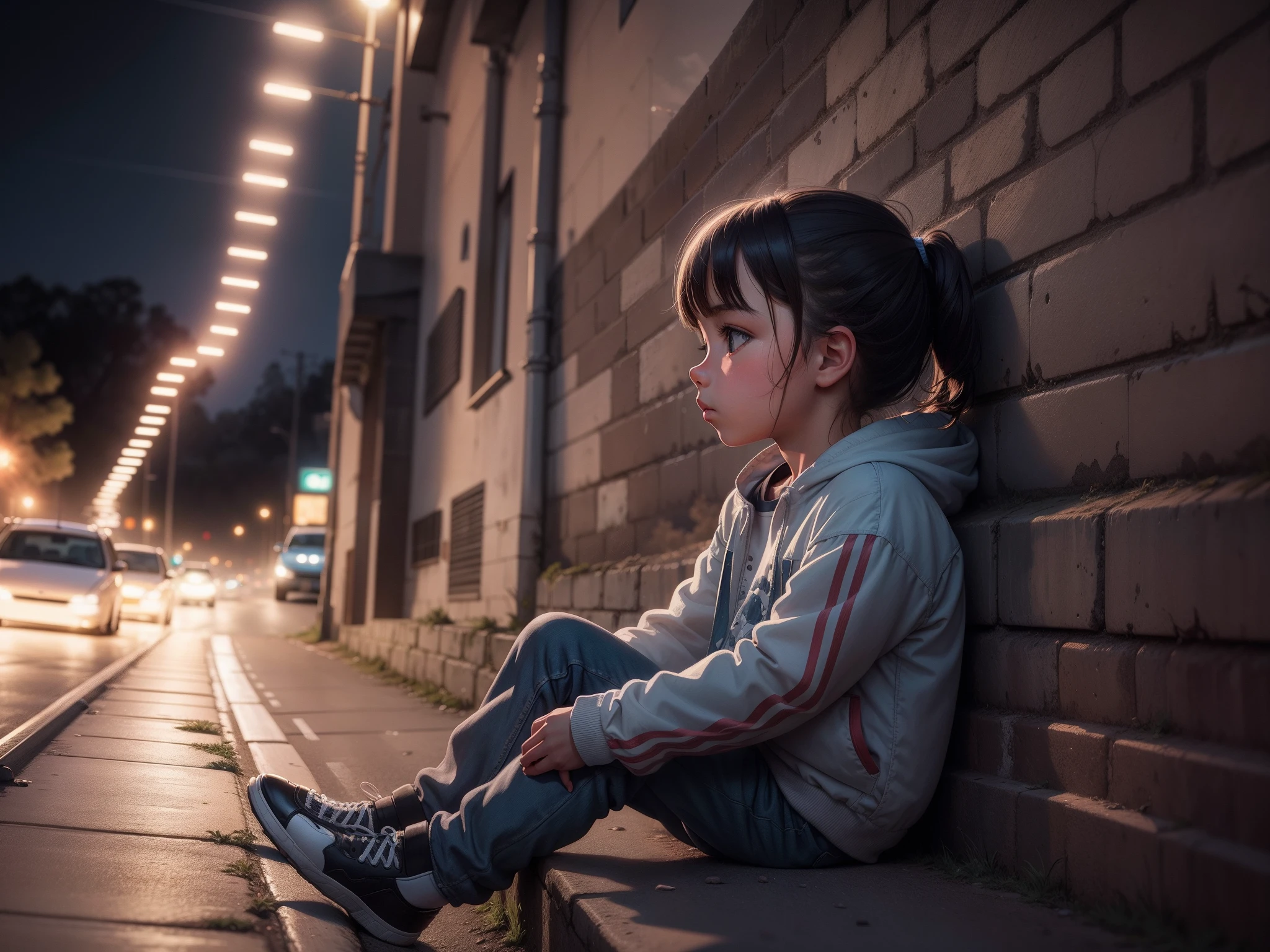 "A detailed illustration of a sitting on a wall, contemplando uma estrada movimentada com carros passando. Long exposure light effects highlighting the scene."