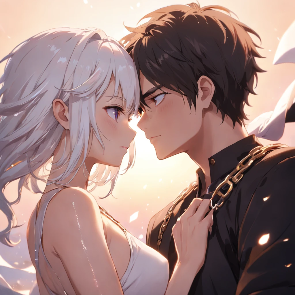 master part, best quality, filme ainda, 1 menino de cabelo branco e 1 menina de cabelo branco,Cute romantic couple, Garoto da nuvem, floating into the sky, Close-up, brilhante, Feliz, Soft lighting and Warm, Sunset, (Sparks:0.7),He has pale, short skin, white hair with an undercut in the lower third of the back of the head, But his bangs are hanging from his face to partially cover his lost eye and white eye patch. It is implied that her hair was dyed white due to the presence of black growth in her lower section. He is noted by others for being as handsome as a model. Independentemente da roupa dele, He wears a tag on a chain suggesting personal devotion. ele usa um tapa-olho branco sobre o olho direito. ele tem dois finos, Purple rings on your index and ring finger, respectivamente. Both ears are pierced and two in short chain. He wears earrings that look like small rings from which an isosceles triangle swings.