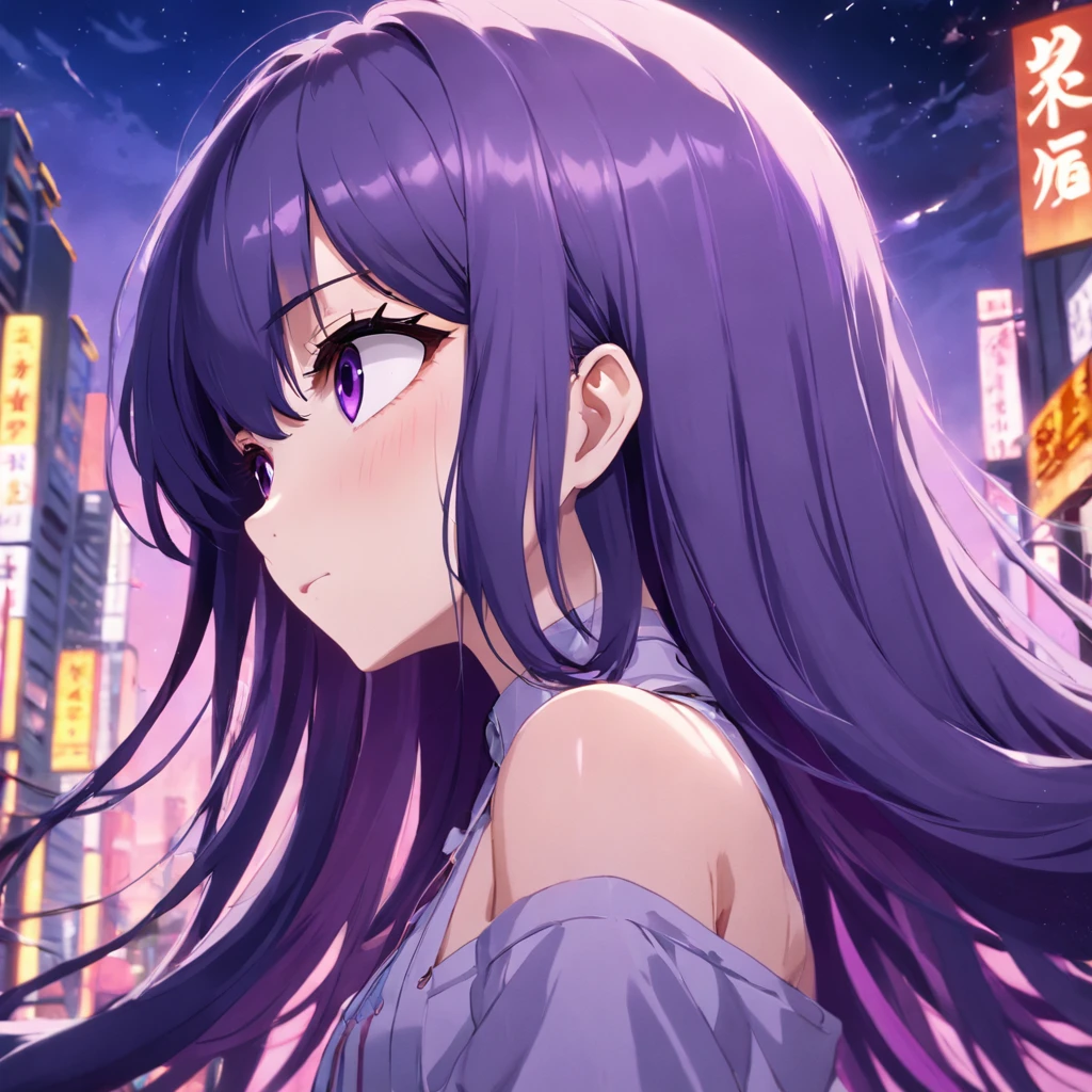 Long purple hair,Long eyelashes,a purple eye,Swan-like neck,Huge,Exquisite calves,
