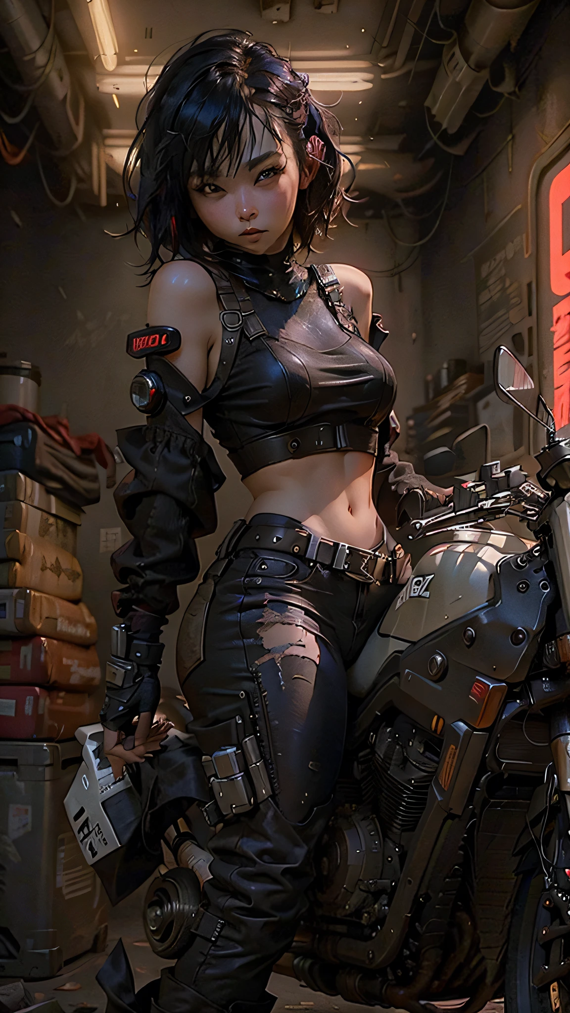 Beautiful woman medium hair、hated、cyberpunk style short clothes、Whip thighs、Straddling a motorcycle