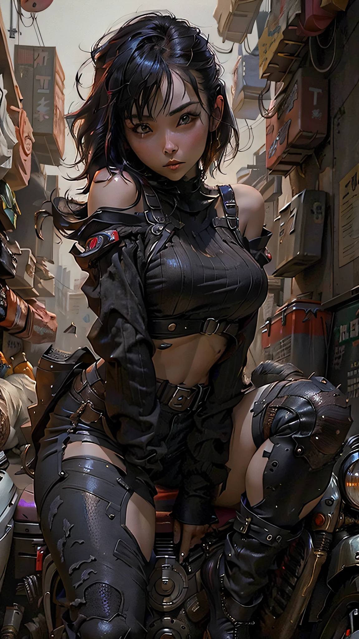 top-quality、masterpiece、(((独奏)))、(Very normal body)、A MILF(Super beautiful)、(ultra beautiful faces)、(A detailed face:1.1)、 cyberpunked、Mechanical Armor、Cyber Armor、Wearing a combat harness、Overexposed、sexypose、Seduction Pose、、spreading legs、(Small panties are visible from under the skirt:1.2)、(The pubic area is transparent)、(Clear pubic contours)