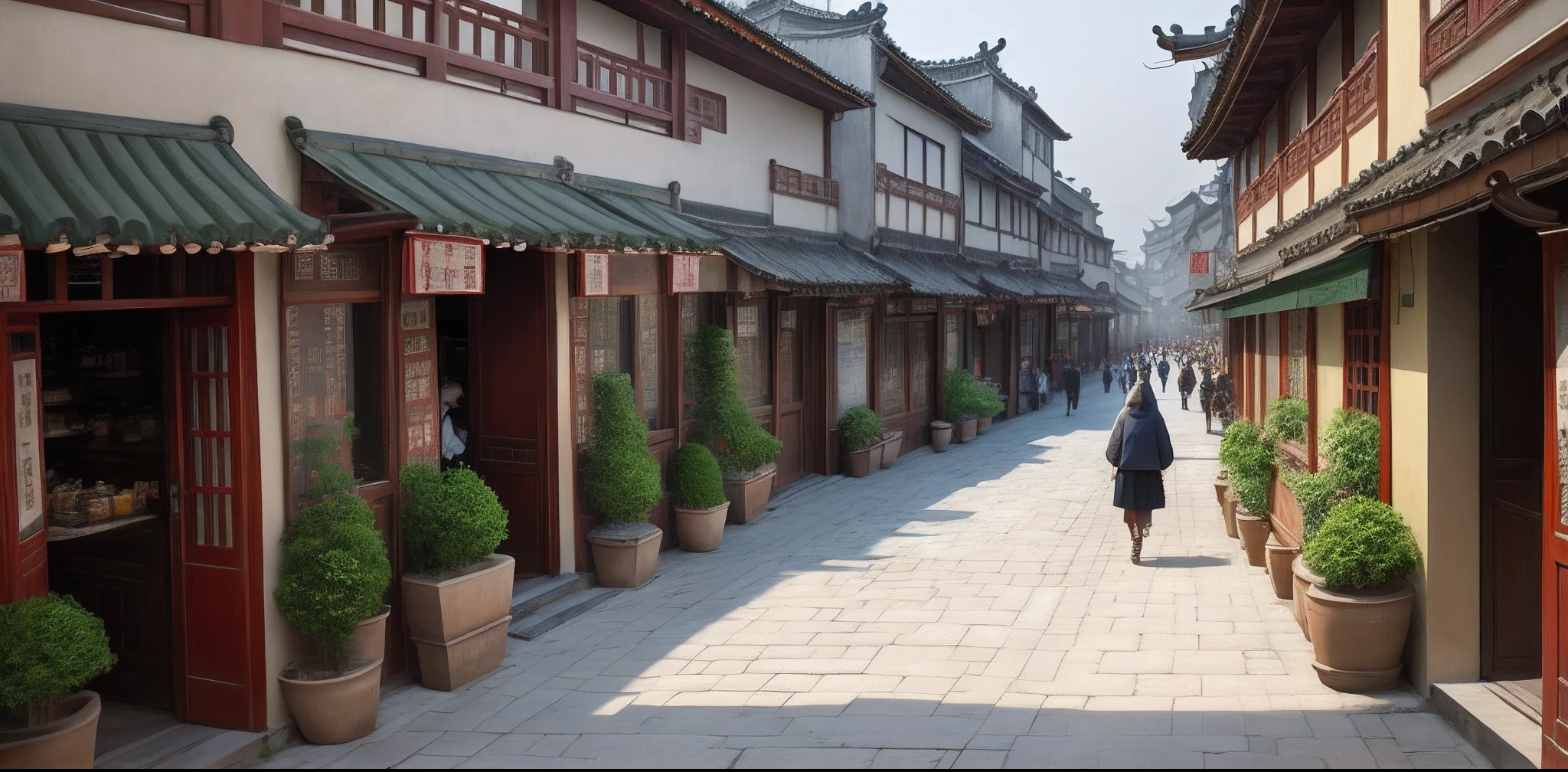 People walk down a narrow street,Lined with shops and restaurants, ancient city streets behind her, Old town, Lots of shops, dreamy Chinese towns, Chinese village, zhouzhuang ancient town, narrow and winding cozy streets, the neat and dense buildings, ancient city of white stone, qiangshu, Faraway view, Ancient buildings, street top view