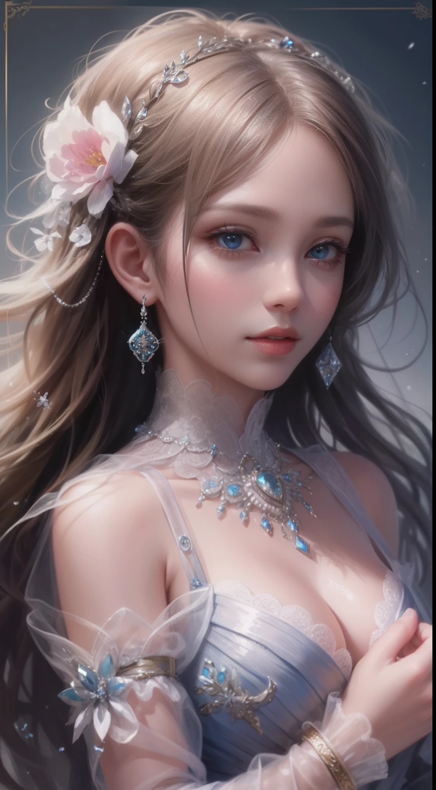 tmasterpiece,Highest high resolution,Bust of a beautiful noble maiden,Delicate braided hair,Coiled hair,Shining clear eyes,The hair is covered with beautiful and delicate floral craftsmanship, crystal、Diamond jewelry filigree,Ultra-detailed details,upscaled,softlighting。