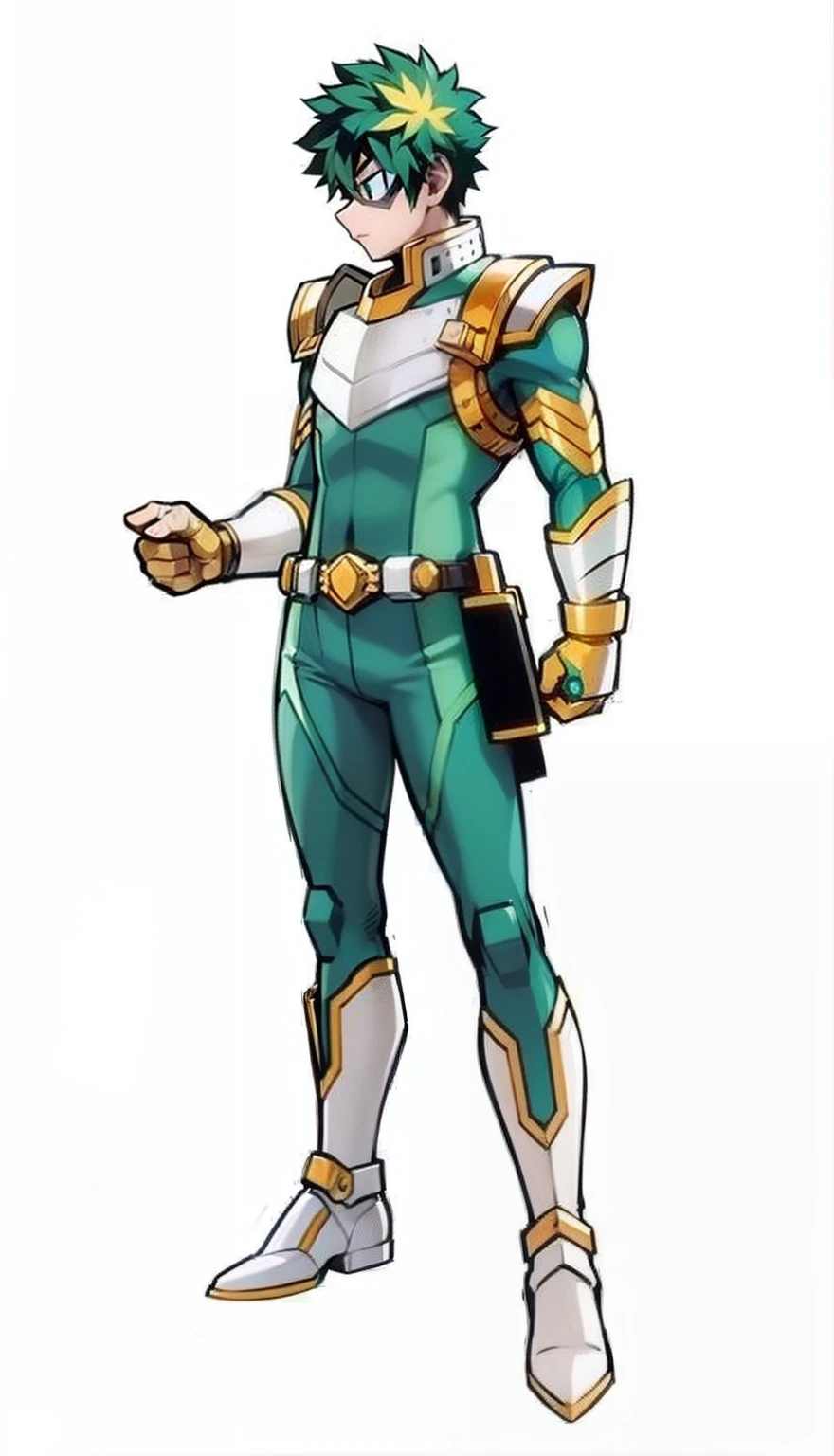 My Hero Academia style, anime boy, male, young male, trending on artstation pixiv, (full body shot:0.5), Izuku Midoriya, head covering, helmet, face covering, mask, green helmet, metallic mask, hero costume, full body costume, green color costume with gold and white details, Clenched fists, perfect hands, Perfect anatomy, Super Detailed,
