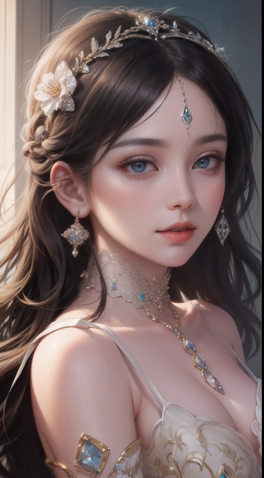 tmasterpiece，Highest high resolution，Bust of a beautiful noble maiden，Delicate braided hair，Coiled hair，Shining clear eyes，The hair is covered with beautiful and delicate jewelry floral craftsmanship, crystal、Diamond jewelry filigree，Ultra-detailed details，upscaled，softlighting。
