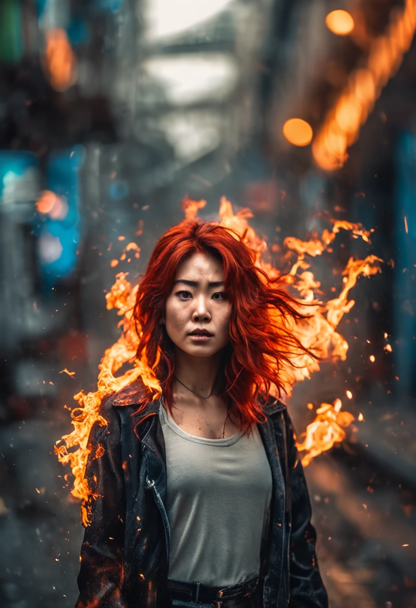 portraiture, Broken glass effect, Vivid yellow flame, Ethereal sparks, Mesmerizing colors, ((Beautiful Japanese woman, Clear face)),Strong gaze, Flowing fiery red hair, Dynamic aerial pose, Broken environment, Urban chaos background, cinematic backlighting, Strong contrast, postapocalyptic vibes, 85mm prime lens, Canon EOS R6, Wide aperture, HDR enhancement, 4K 分辨率, Visual storytelling, Emotional intensity, The phoenix appears.(Realistic flamethrower,What smoke),