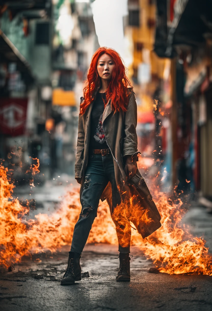 portraiture, Broken glass effect, Vivid yellow flame, Ethereal sparks, Mesmerizing colors, ((Beautiful Japanese woman, Clear face))，Strong gaze, Flowing fiery red hair, Dynamic aerial pose, Broken environment, Urban chaos background, cinematic backlighting, Strong contrast, postapocalyptic vibes, 85mm prime lens, Canon EOS R6, Wide aperture, HDR enhancement, 4K 分辨率, Visual storytelling, Emotional intensity, The phoenix appears.(Realistic flamethrower，What smoke)，