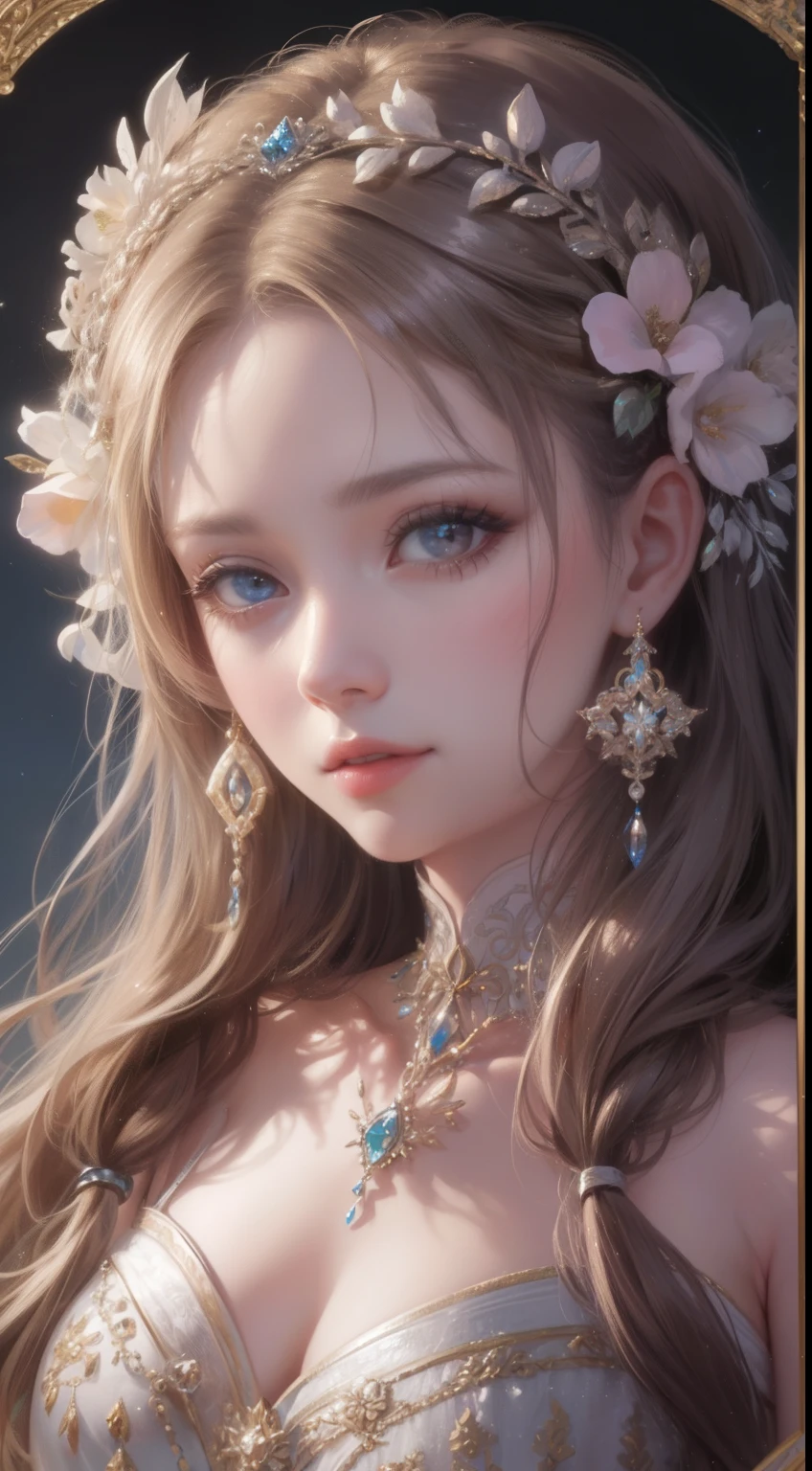 tmasterpiece,Highest high resolution,Bust of a beautiful noble maiden,Delicate braided hair,Coiled hair,Shining clear eyes,The hair is covered with beautiful and delicate floral craftsmanship, crystal、Diamond jewelry filigree,Ultra-detailed details,upscaled,softlighting。