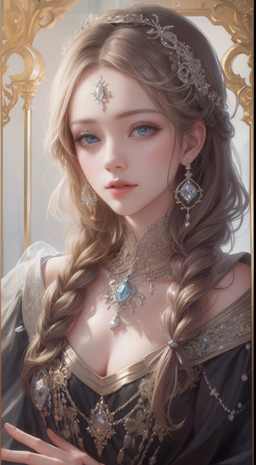tmasterpiece,Highest high resolution,Bust of a beautiful noble maiden,Delicate braided hair,Coiled hair,Shining clear eyes,The hair is covered with beautiful and delicate floral craftsmanship, crystal、Diamond jewelry filigree,Ultra-detailed details,upscaled,softlighting。