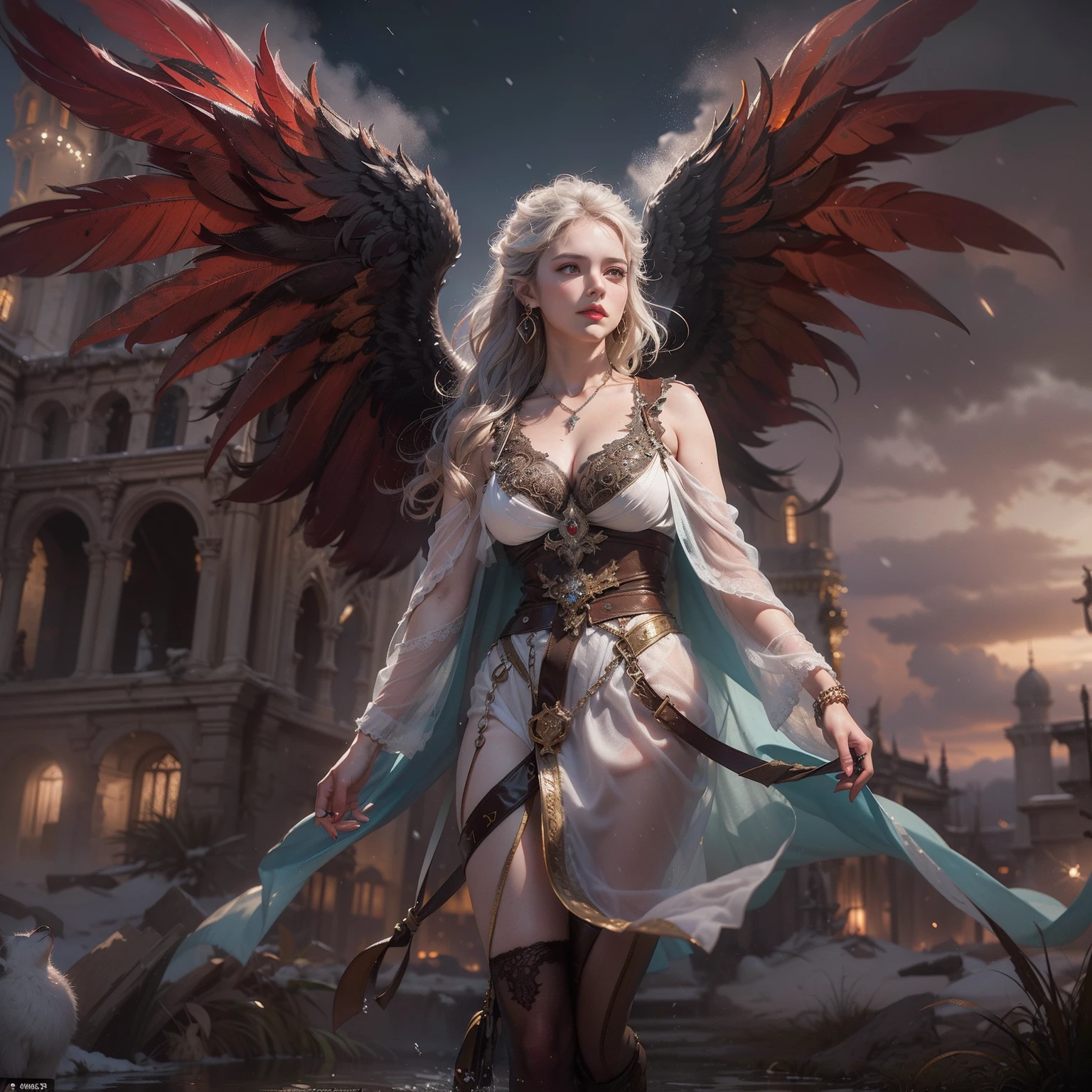 (Numerous award-winning masterpieces of, With incredible details, textures and maximum detail), (Ultra photo realsisim:1.4), (up of the upper body:0.4), (Realistic:1.3), (best quality real texture skin), ((full-body standing image)), (Fine true circle Symmetrical eyes), (A beautifully drawn face), (Decadence image: 1.5), (aesthetic image: 1.5), Seductive image, ((medieval world)), ((The Lord's Black Devil)), ((The Lord's White Devil)), (icy look in the eye), (She has a mischievous smile on her face), (Eyes that glow red in the dark:1.5), (Many devils dance in the background), (Dramaticlight), (A majestic sight), (Her countenance is gentle and beautiful, but somehow terrifying), ((large wings,The feathers are behind the shoulders)), (Folded wings), Glass earrings on the ears, (((Dramatic photo))), (Twilight), (Sunset), (Dusk), (Seduction pose), (dramatic pose), (Golden hair), (Silver hair), (maroon hair), short detailed hair, ((full-body portraits)), ((head looking up)), ((Looking down)), (Around her neck is a simple necklace of exquisite workmanship), (swirling fire), (Spin lightning), (Swirling snow and ice), ((gives full-body standing image)), Old ruins infested with plants, great temple, great cathedral, Temple ruins, detached temple, Luminous magic circle, Ancient Castle Site, Deserted ruins, crumbling ruins, Ancient ruins with clear water, wavelets, running water, Shining majestic cloud masses and sky, salama, epic realistic, ((com cores neutras)), (hdr:1.5), (pastel colour:1.2), ultra - detailed, Cinematic, warm lights, Dramaticlight, (Intricate details:1.1), the complex background,huge tit,cleavage,