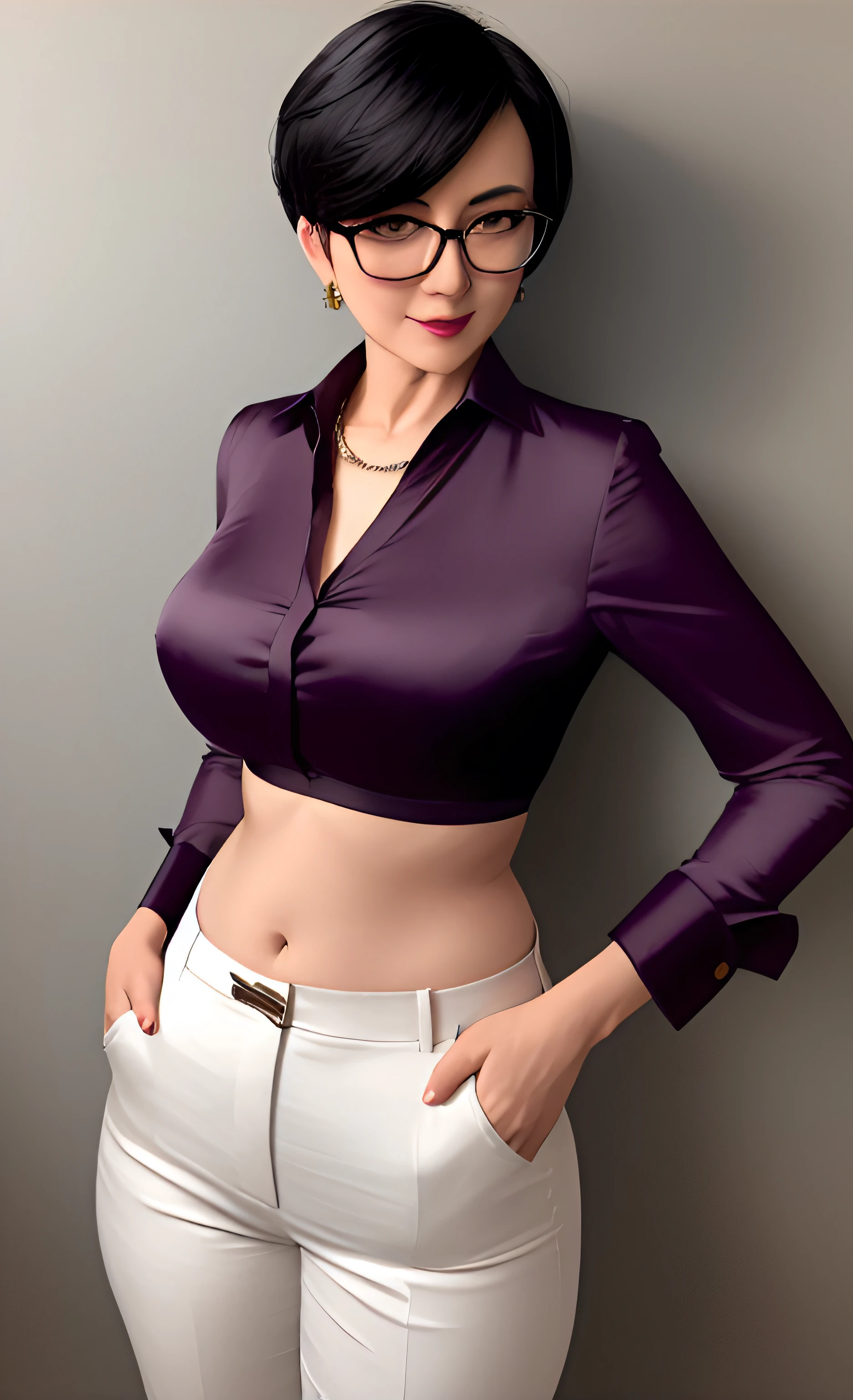arafed woman in a purple shirt and white pants posing for a picture, elegant confident pose, digital art of an elegant, wearing a blouse, wearing a sexy cropped top, elegant posed, elegant smiling pose, clothed non - portrait, realistic shaded perfect body, semi - realistic render, fully clothed. painting of sexy, elegant seducing pose