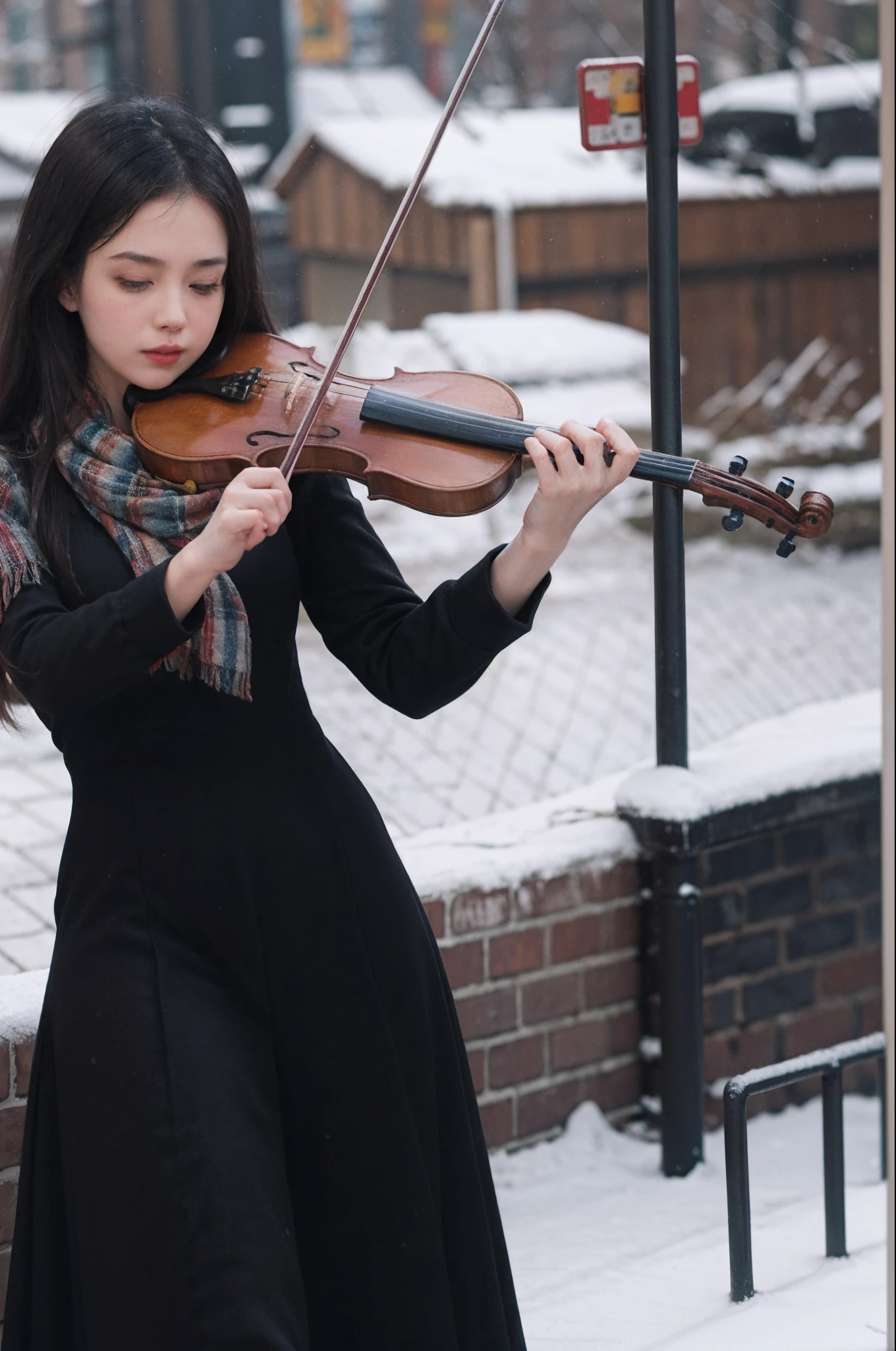 1girl, playing violin, violin, bow \(music\), snow, stand on street, coat, winter, scarf, snowing,   golden hair, indoor,
best quality, 8k, masterpiece,