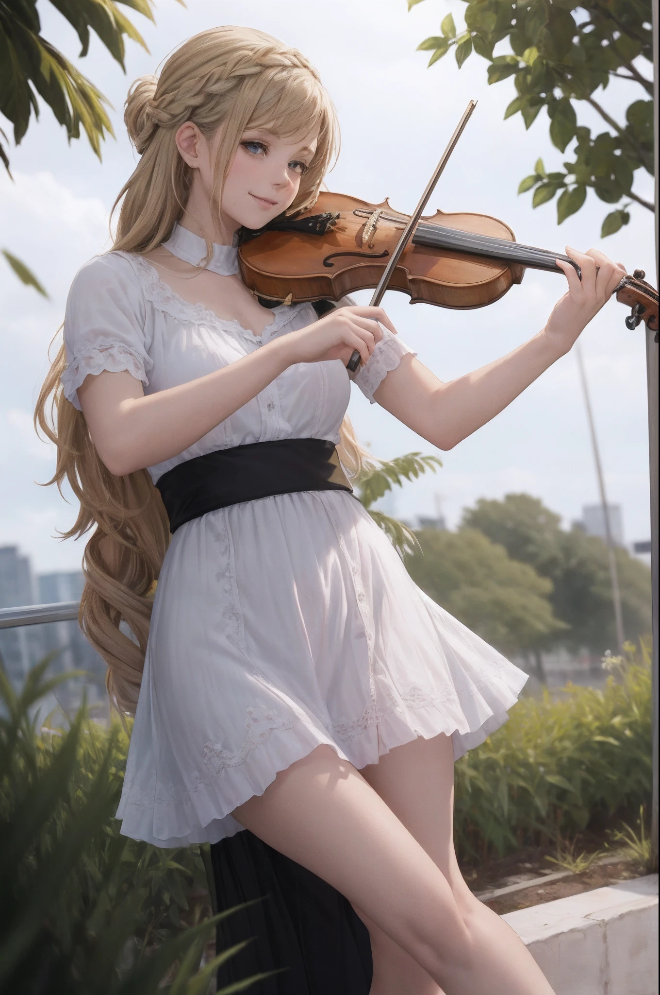 absurdres, highres, ultra detailed,
dynamic angle, cinematic lighting
(petal:1.2),
BREAK,
(girl playing the violin:1.5),(Close eyes),(yellow hair:1.2),((long hair:1.4) &(braid )),(white dress),(open mouth),(cleavage),
BREAK,
(hair fluttering in the wind:1.5),(motion blur:1.5),(smile:1.4),
BREAK,
(masterpiece, best quality), absurdres, highres, 8K,(detailed background),
BREAK,
(flower garden),(jungle),