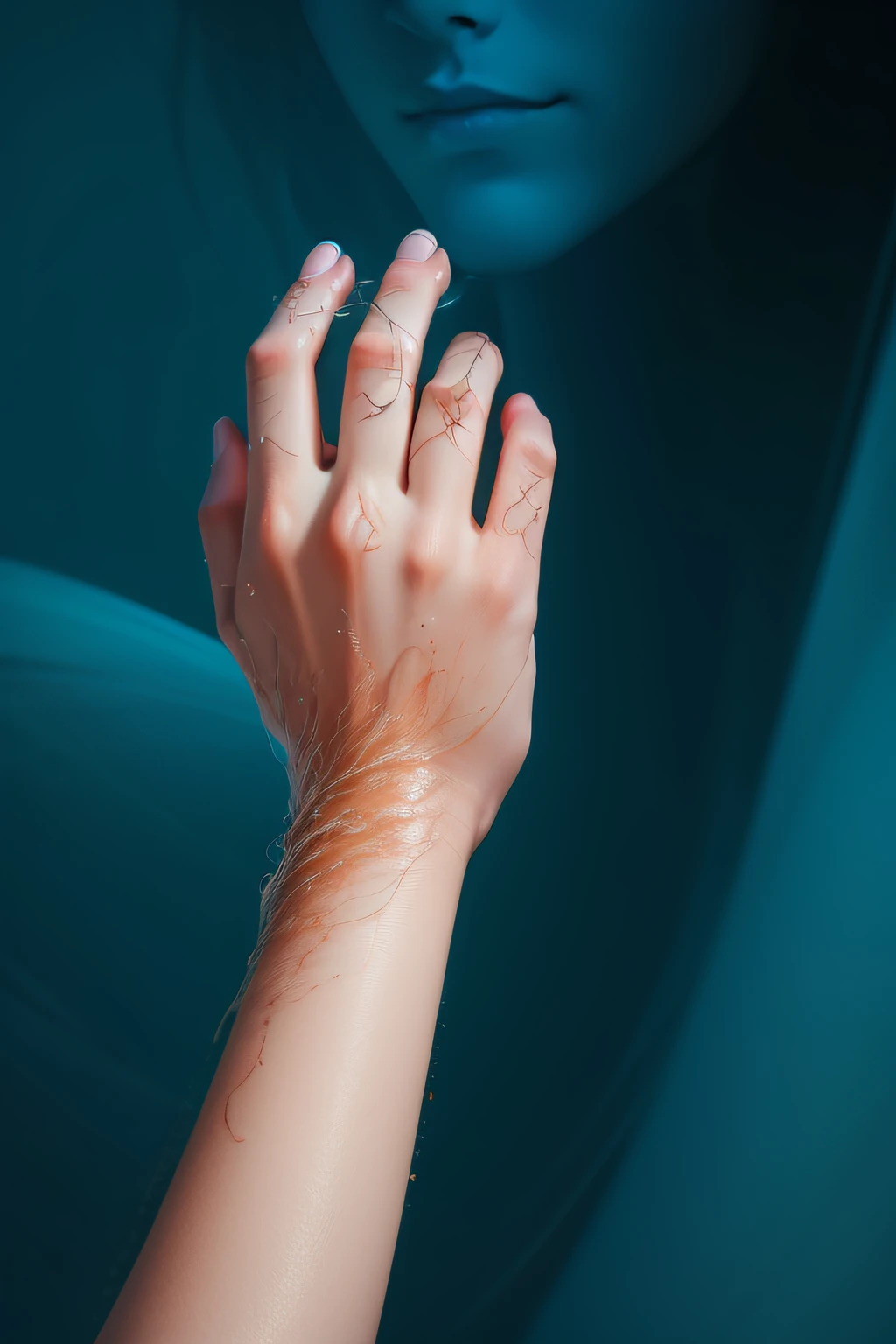 um surreal, dreamlike portrait of female hand, surrounded by a whirlwind of digital data.