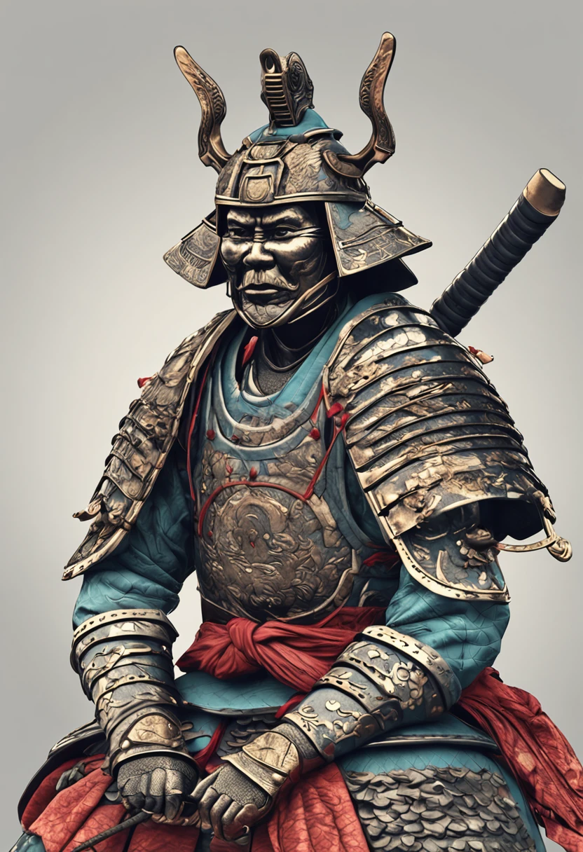 "(((Front view))) Detailed samurai head on a white background, retro aesthetics, foco no personagem, Cinema 4D, 4k resolution, Tons de cores harmoniosas, cor tradicional."