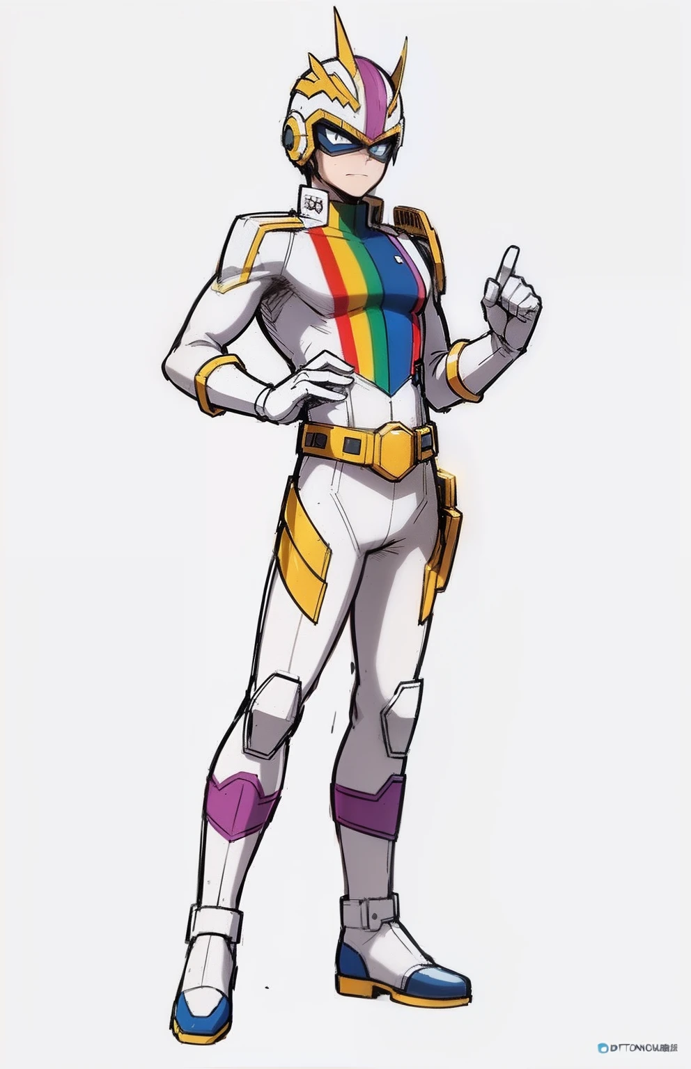 My Hero Academia style, anime boy, male, young male, trending on artstation pixiv, (full body shot:0.5), head covering, helmet, face covering, mask, rainbow helmet, metallic mask, hero costume, full body suit, white suit with rainbow lines, perfect hands, Perfect anatomy, Super Detailed, rainbow aura, glowing aura, glowing rainbow aura, aura around,