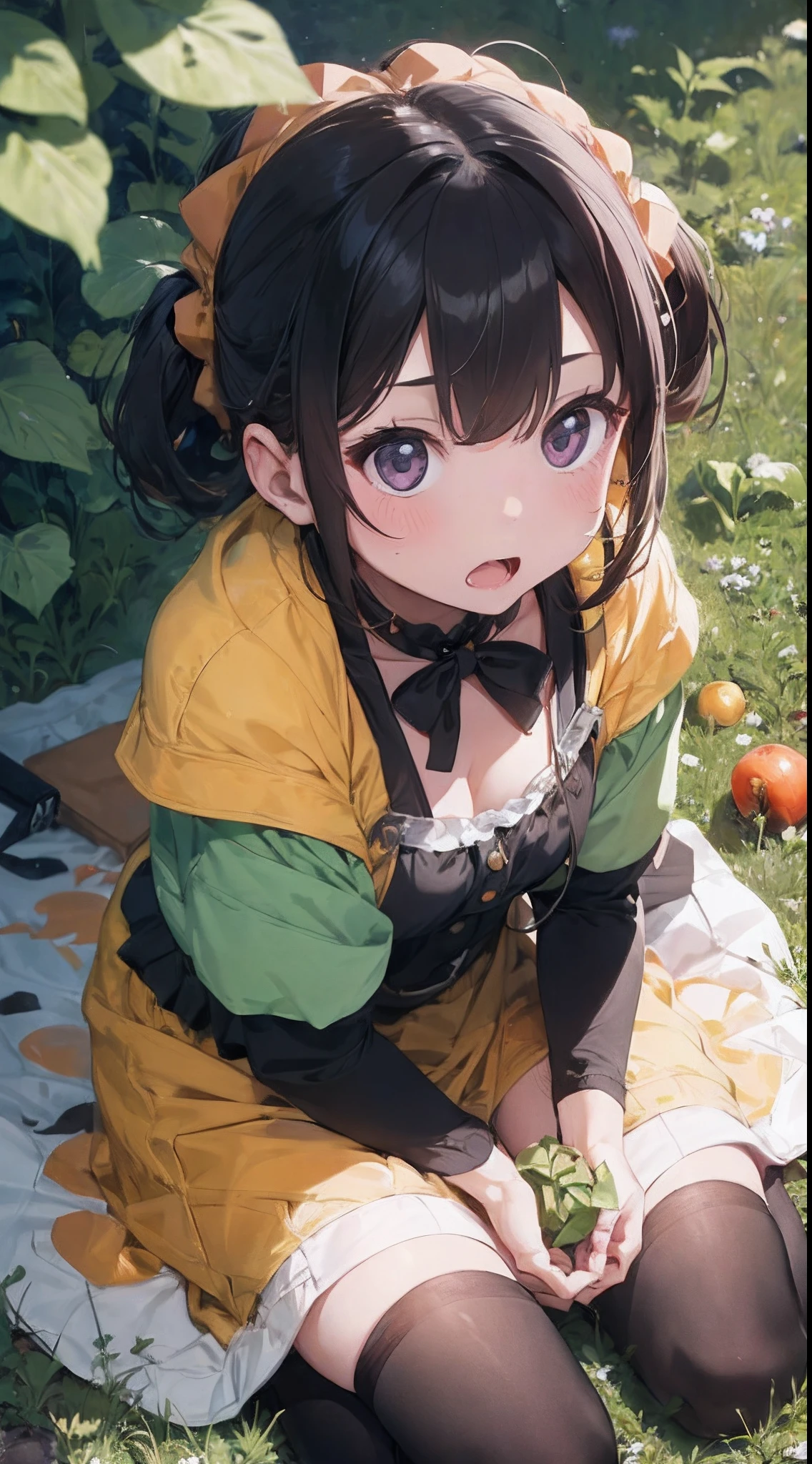 girl with, dwarves, The costume: Summer Vegetables Cosplay: Summer vegetables, Angles that highlight cuteness, picnic、Hara leaf、((Dwarf sitting on a cute sheet: 1.8)), Cute, Frightened, trembling、Subject from above、Ingredients I don't like、I don't want to eat