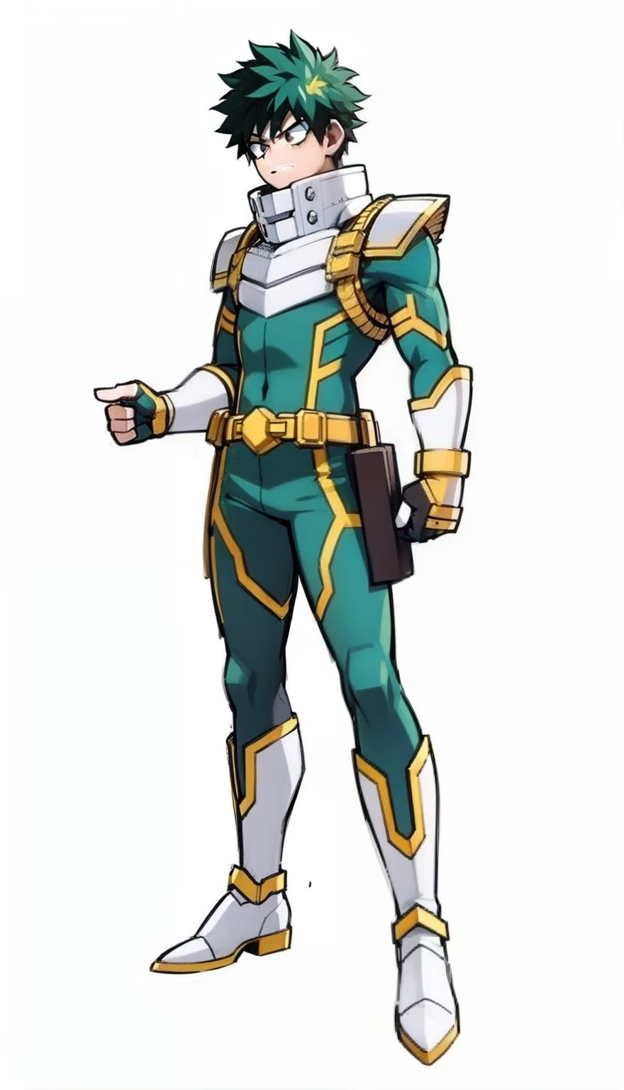 My Hero Academia style, anime boy, male, young male, trending on artstation pixiv, (full body shot:0.5), Izuku Midoriya, head covering, helmet, face covering, mask, green helmet, metallic mask, hero costume, full body costume, green color costume with gold and white details, Clenched fists, perfect hands, Perfect anatomy, Super Detailed,
