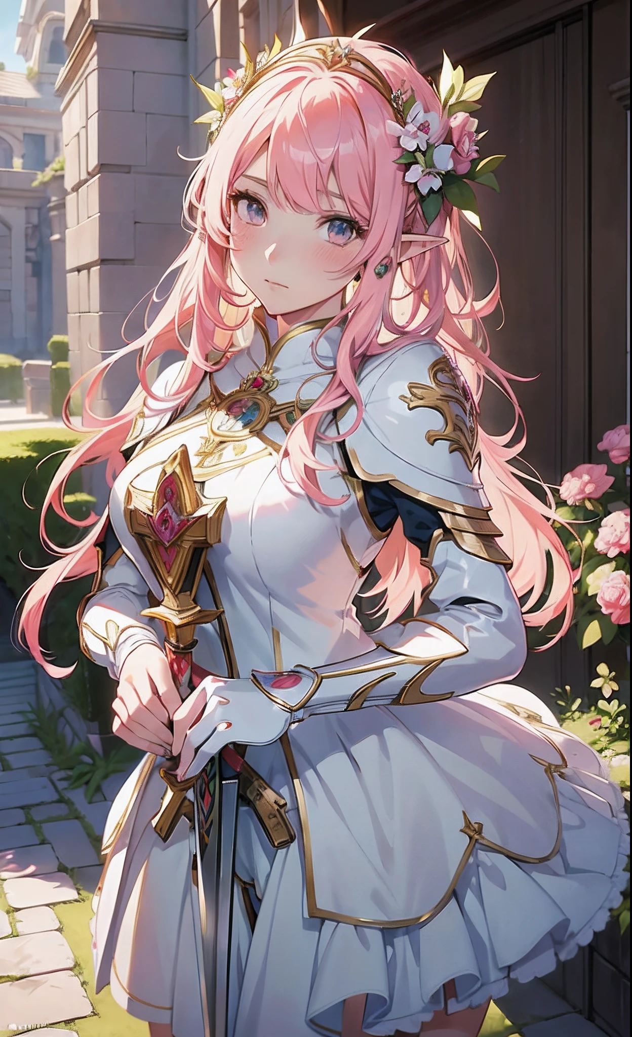 anime girl in white dress with pink hair and sword in front of flowers, cushart krenz key art feminine, portrait knights of zodiac girl, alluring elf princess knight, elf girl wearing an flower suit, anime goddess, astri lohne, marin kitagawa fanart, ((a beautiful fantasy empress)), flower goddess, goddess of nature, knights of zodiac girl
