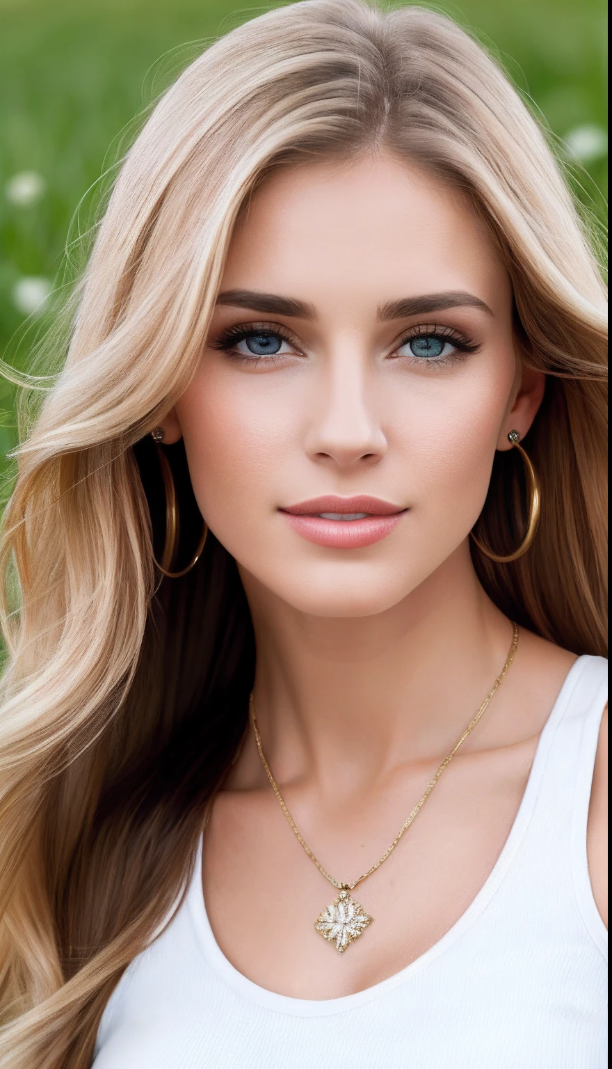 HD quality, maximum detail, macro portrait full body of the beautiful woman, field depth, perfect woman, 25 years, visible eyes, makeup, long hair, perfect face, pretty mouth, pretty nose, sensual woman, totally gorgeous, face with sarcastic expression, caucasian, blond hair, evil look, v-shaped shirt, realistic, details, style: Detailed photo