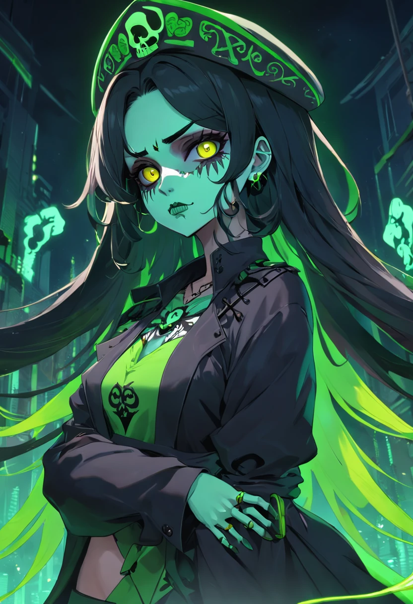 Uma caveira,olhando para o lado,His eyes are neon green and he wears a king's outfit