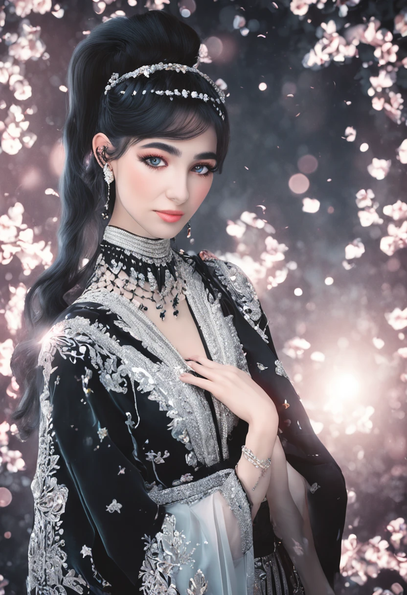 cinematic close-up photo of Syrian girl with black hair, very large blue eyes, long eyelashes, smiling wearing black prom outfit decorated with white patterns